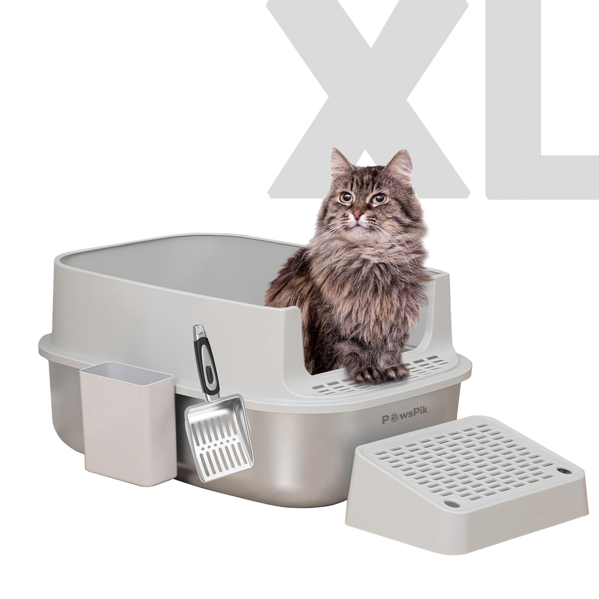 Pawspik Enclosed Xl Stainless Steel Litter Box With High Wall Sides, Leak-Resistant, Easy Cleaning, With Lid, Step, And Metal Sc