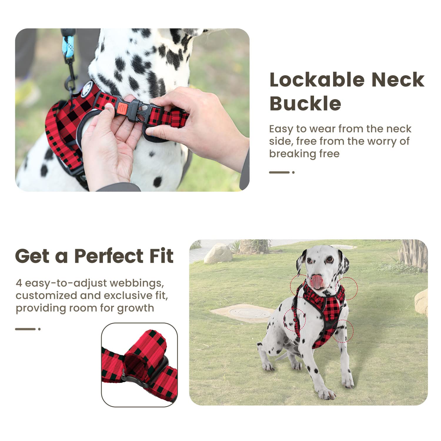 Furryfection Plaid Dog Harness For Extra Large Dogs, No Pull Reflective Pet Harness, No Choke Vest Harnesses With Leash, Easy Control Handle, Adjustable Front Lead & Seat Belt, Red & Black,Xl