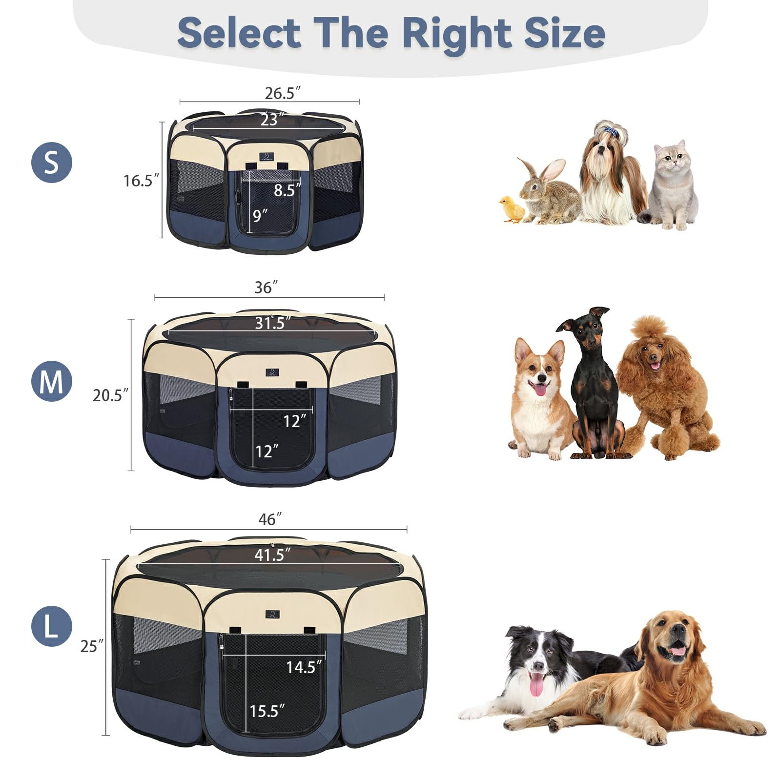 A 4 Pet Portable Dog Playpen, Medium 39.5"x39.5"x20", Blue/Beige, Removable Zipper, Collapsible Bowl, Indoor/Outdoor Use