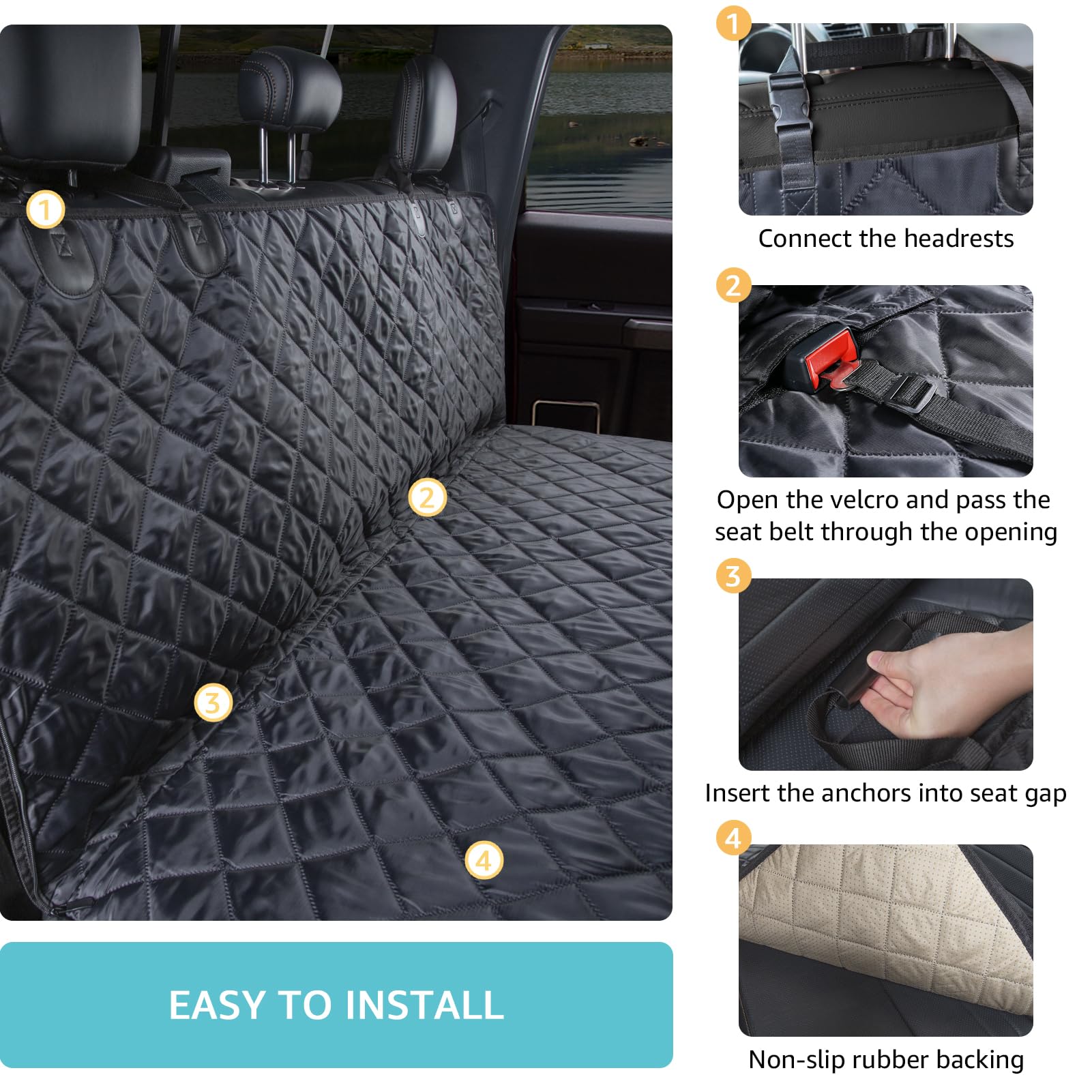 comwish Truck Dog Seat Cover - Waterproof Hammock with Mesh Window & Seat Belt, Black, Model CW-SC-FHXL-BLACK, Non-Slip, Scratchproof