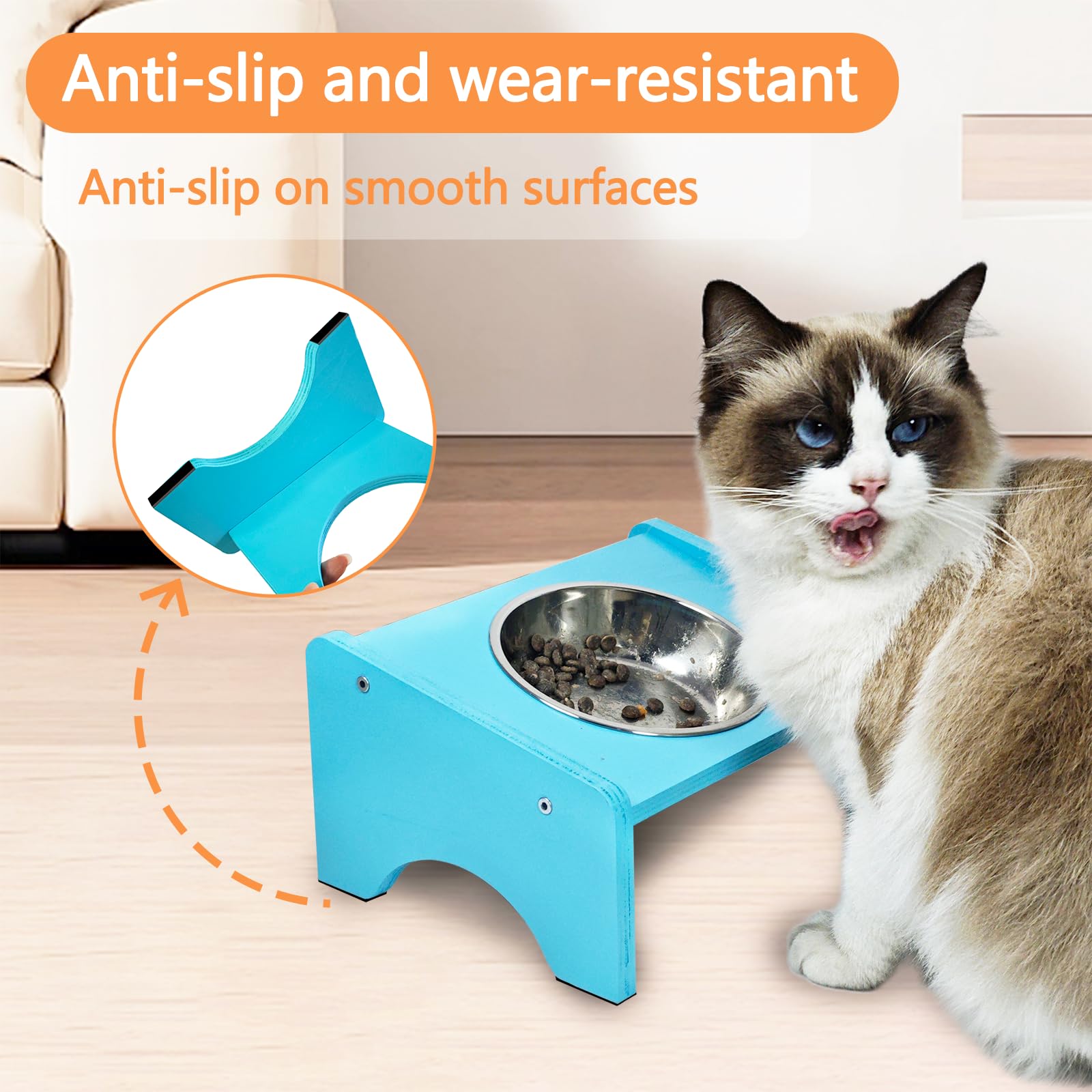 Elevated Cat Bowls,2 Stainless Steel Pet Food Water Feeder,15Tilted Raised Pet Dish, Slanted Dog Bowl with Wood Stand for Kitty