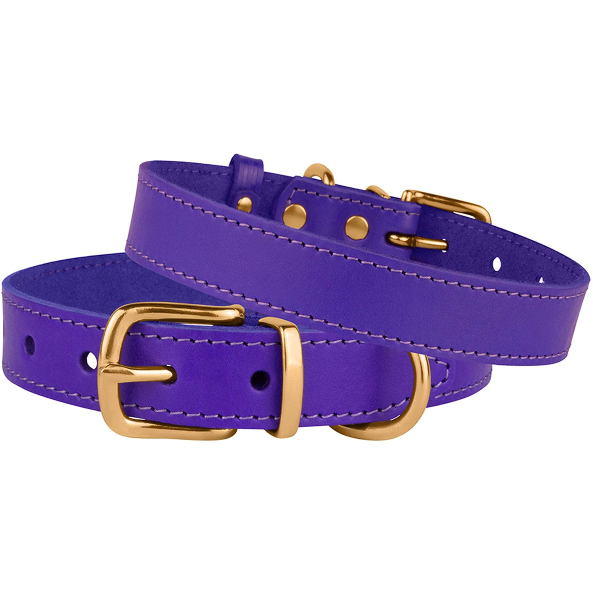 Bronzedog Leather Dog Collar With Metal Buckle Durable Basic Pet Collars For Small Medium Large Dogs (19-21 Inch (Pack Of 1), Purple & Gold Buckle)