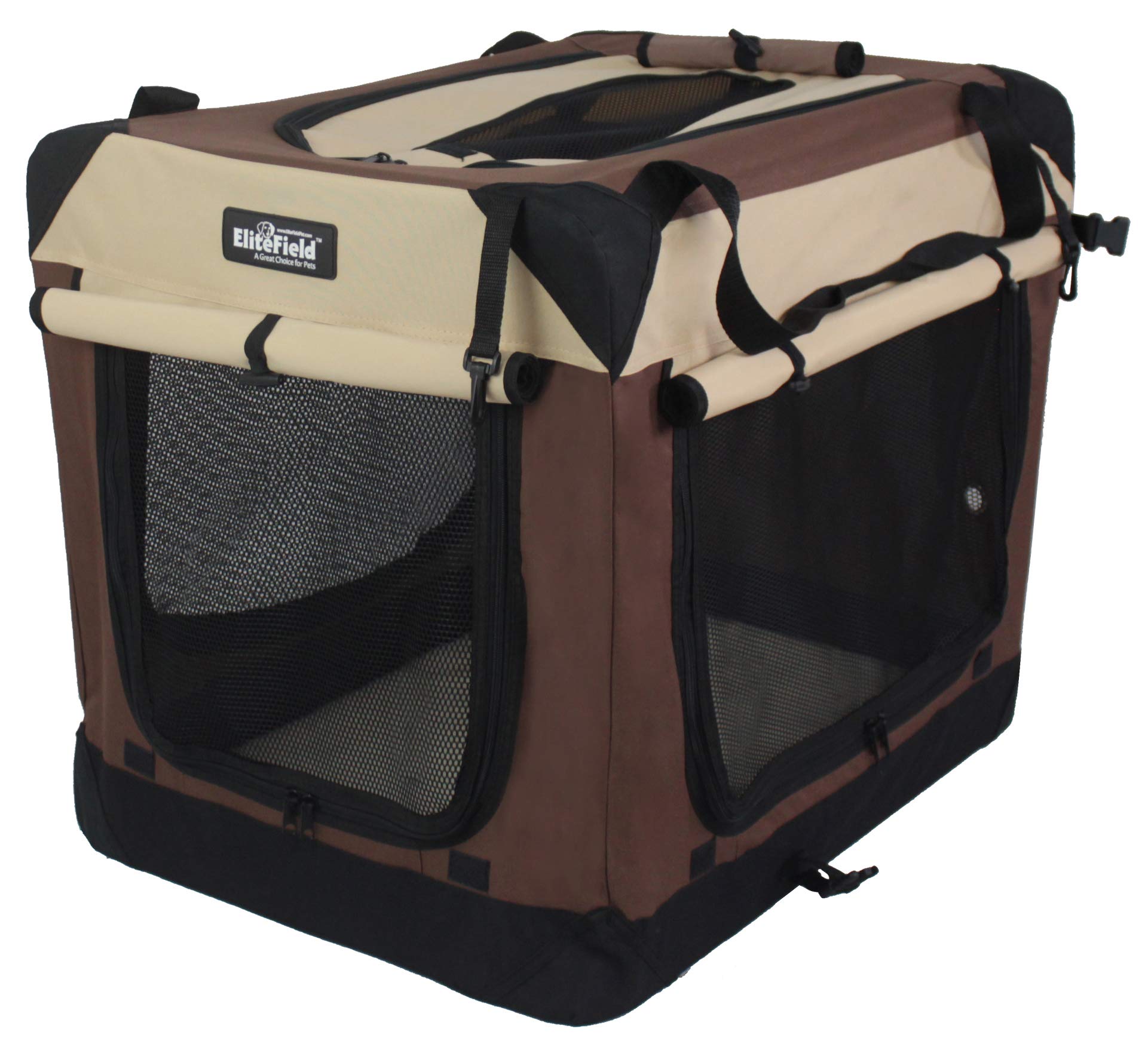 Elitefield 4-Door Folding Soft Dog Crate With Curtains, Carrying Bag And Fleece Bed (2 Year Warranty), Indoor & Outdoor Pet Home (36' L X 24' W X 28' H, Brown+Beige)