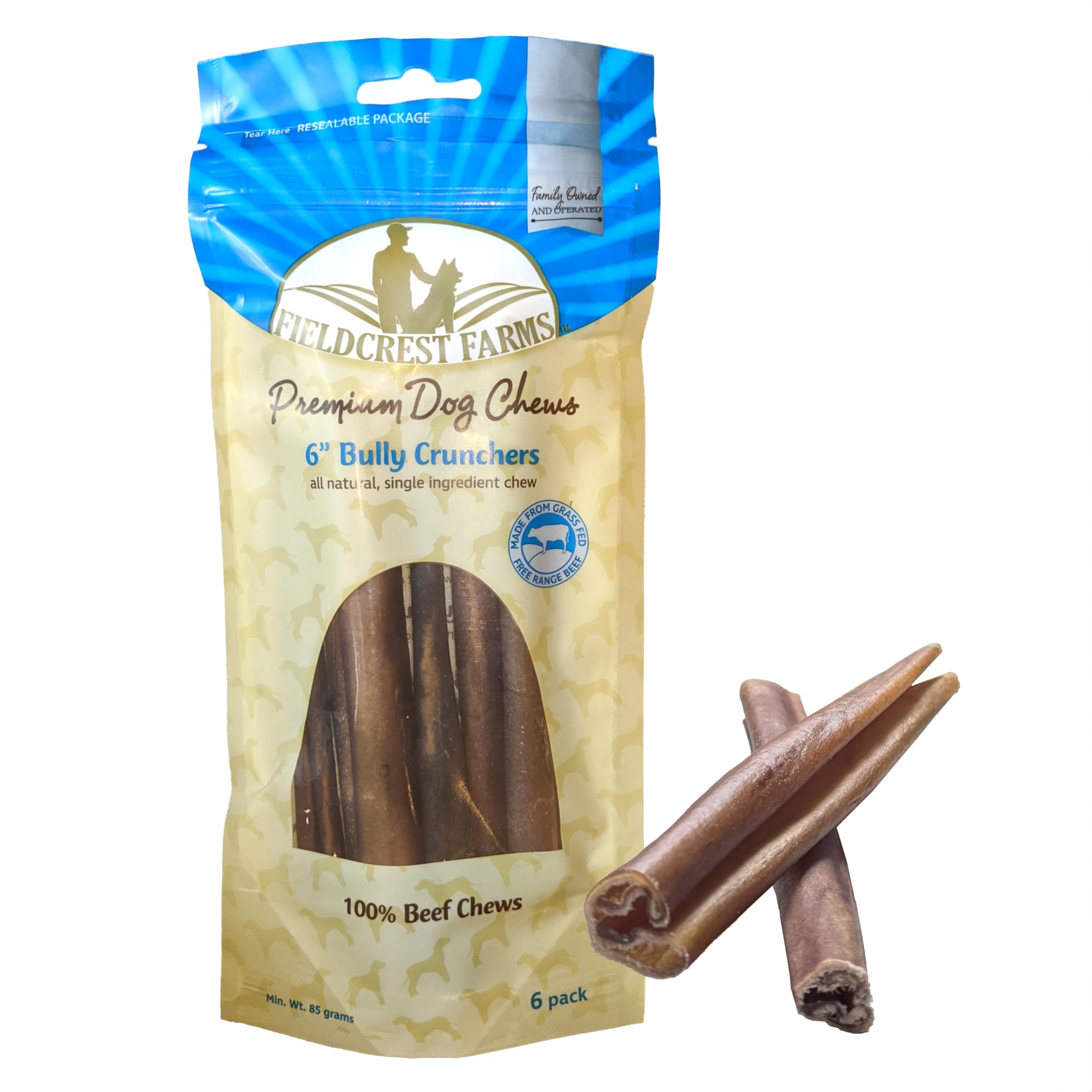 Fieldcrest Farms 6in Bully Crunchers - All-Natural 100% Beef Bully Stick Alternative, Highly Palatable, Easily Digestible, No Ad