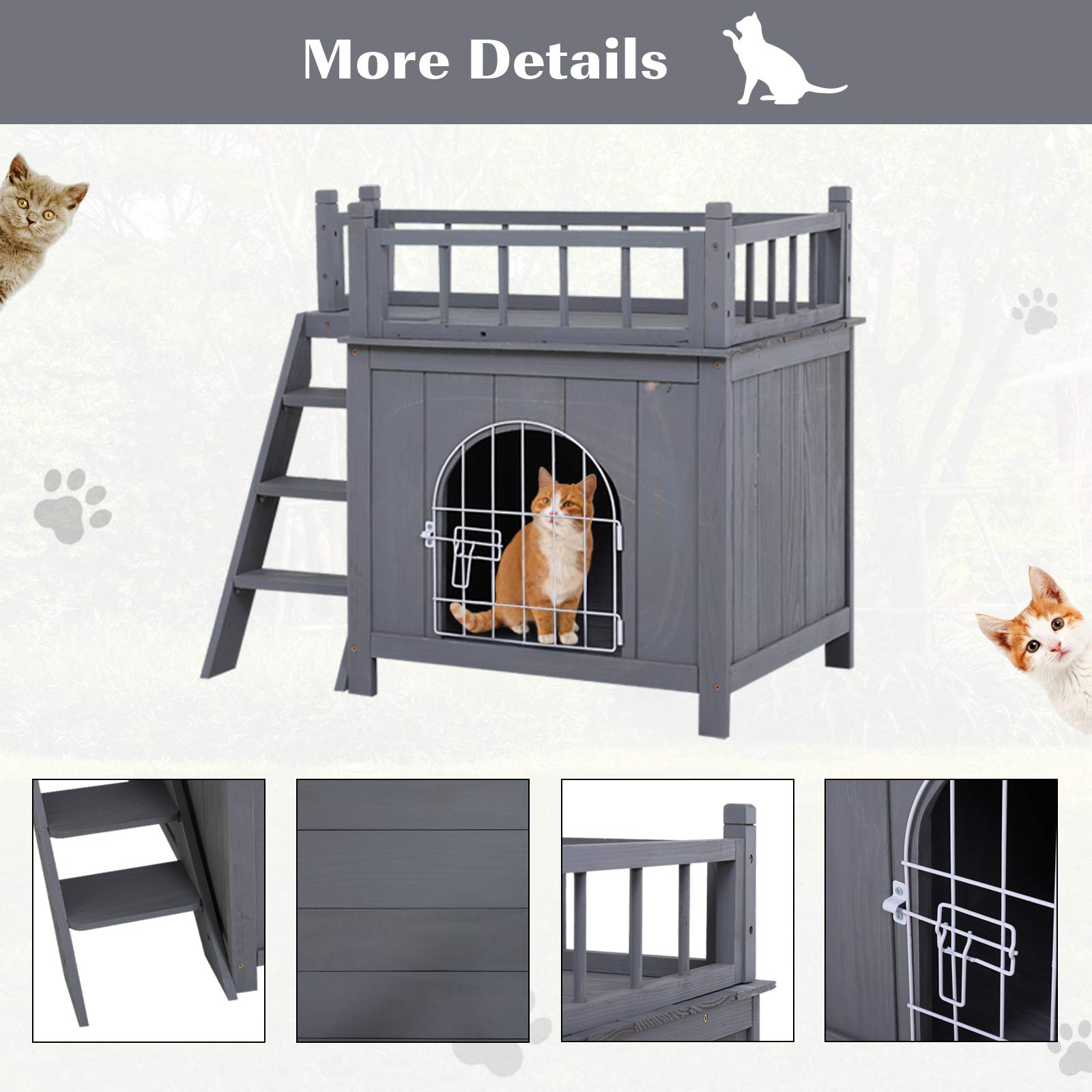 Pawhut 2-Level Wooden Cat House, Outdoor Dog Shelter Cat Condo With Lockable Wire Door And Balcony, Grey