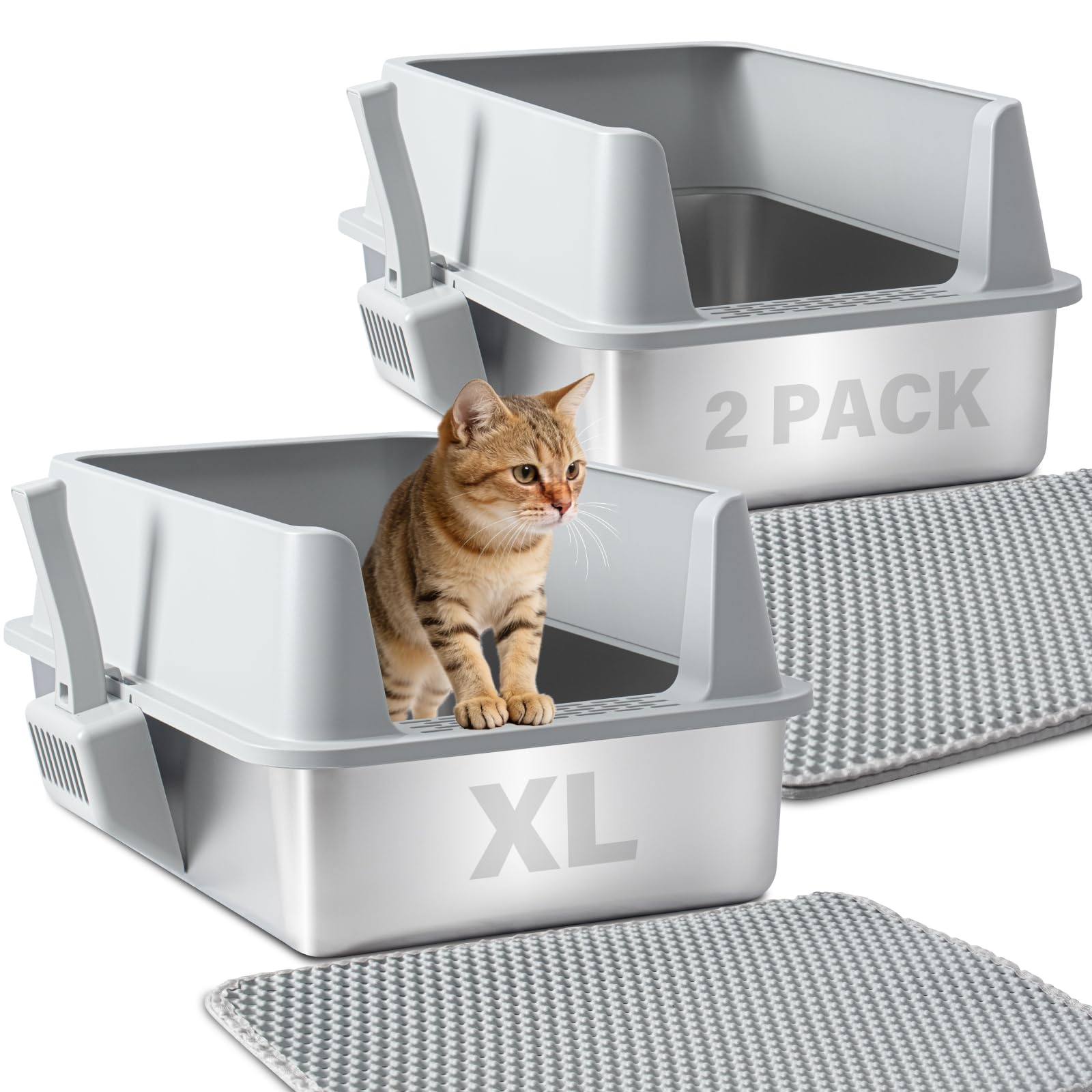 FUTAM Stainless Steel Litter Box 2 Pack, XL Metal Litter Box with Lid, Extra Large Cat Litter Boxes for Big Cats with High Sides