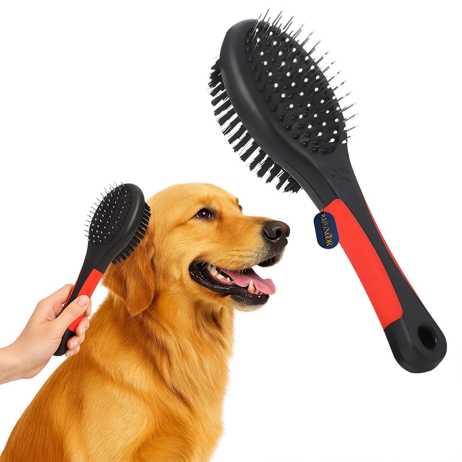 Allinoor Double Sided Pet Grooming Brush | One Side Steel Pin Bristles & One Side Soft Brush | HeavyDuty Plastic Handle for Dog