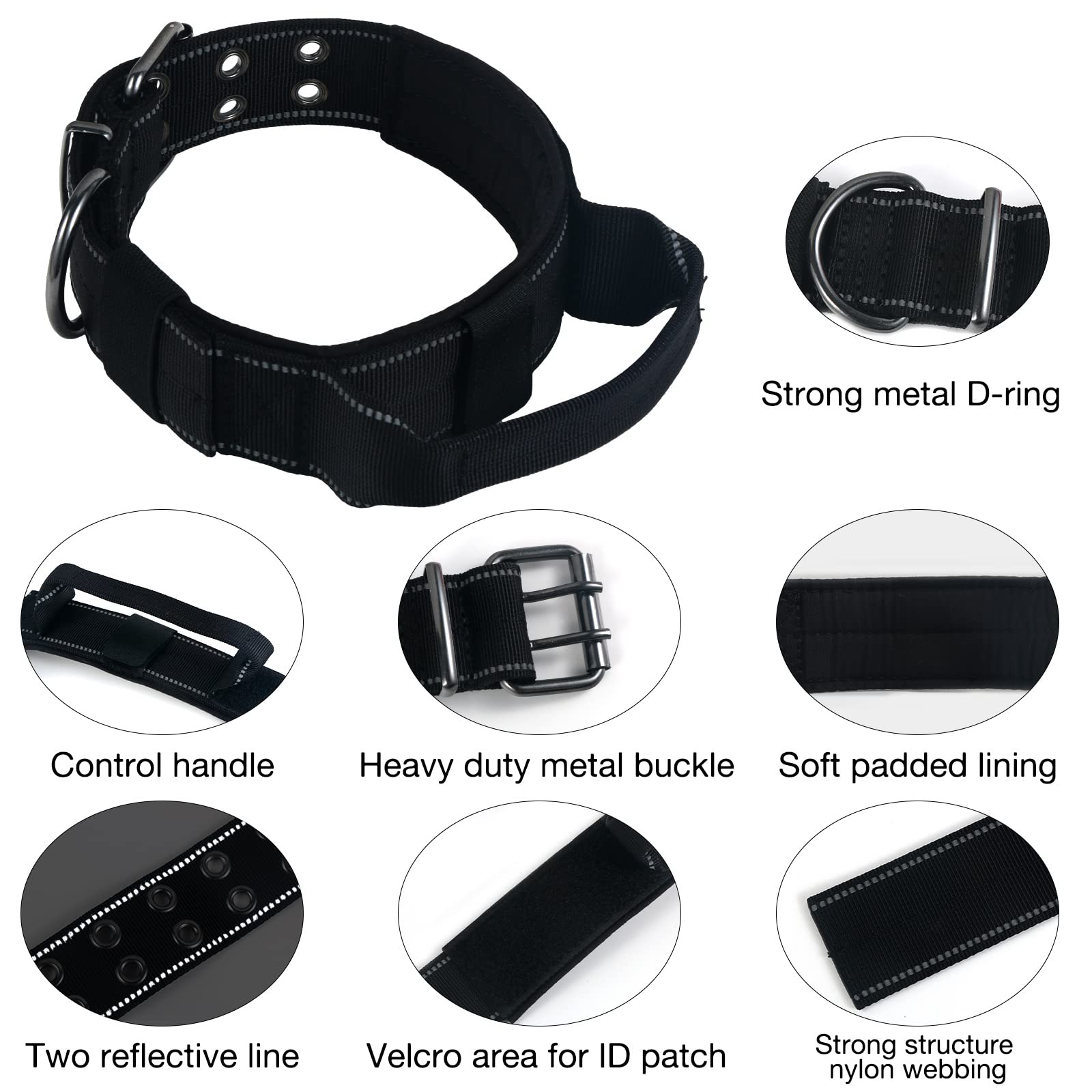 Yunleparks Reflective Dog Collar Heavy Duty Tactical With Control Handle And Metal Buckle For Dog Training(X-Large, Black)