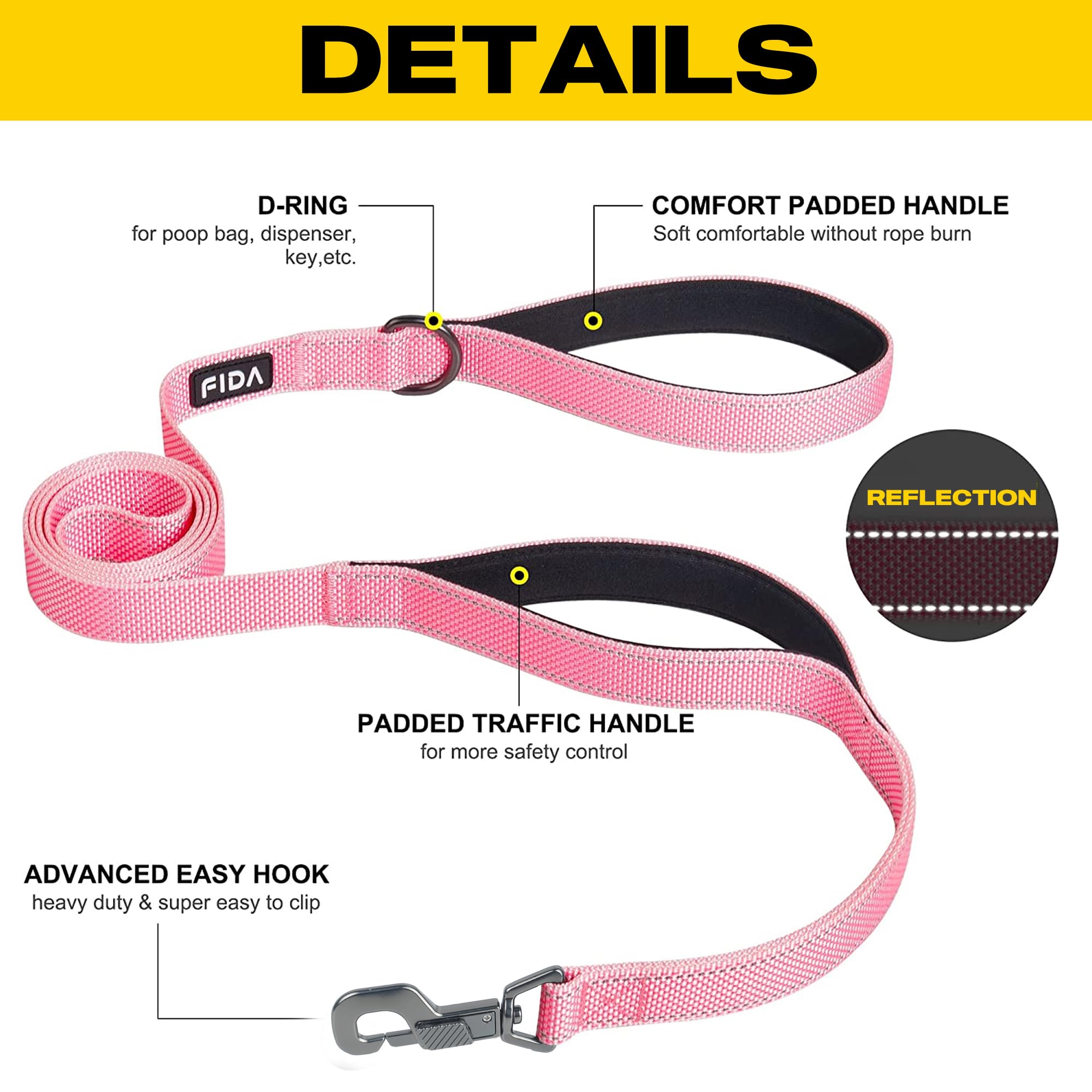 Fida 6 Ft Heavy Duty Dog Leash With 2 Comfortable Padded Handles, Traffic Handle & Advanced Easy Snap Hook, Reflective Walking Lead For Large, Medium & Small Breed, Pink