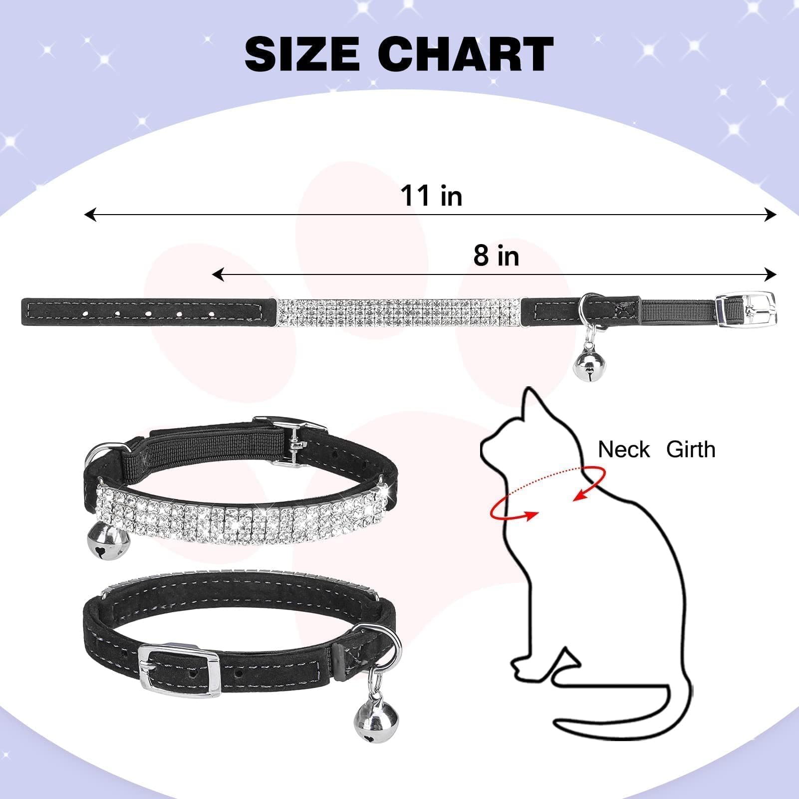 Bingpet Diamond Cat Collar, Adjustable Soft Velvet Leather Safe Kitten Collar With Shiny Rhinestones And Bells, Girl Boy Bling Stylish Cat Collars With Safety Elastic For Small Medium Cats,Black