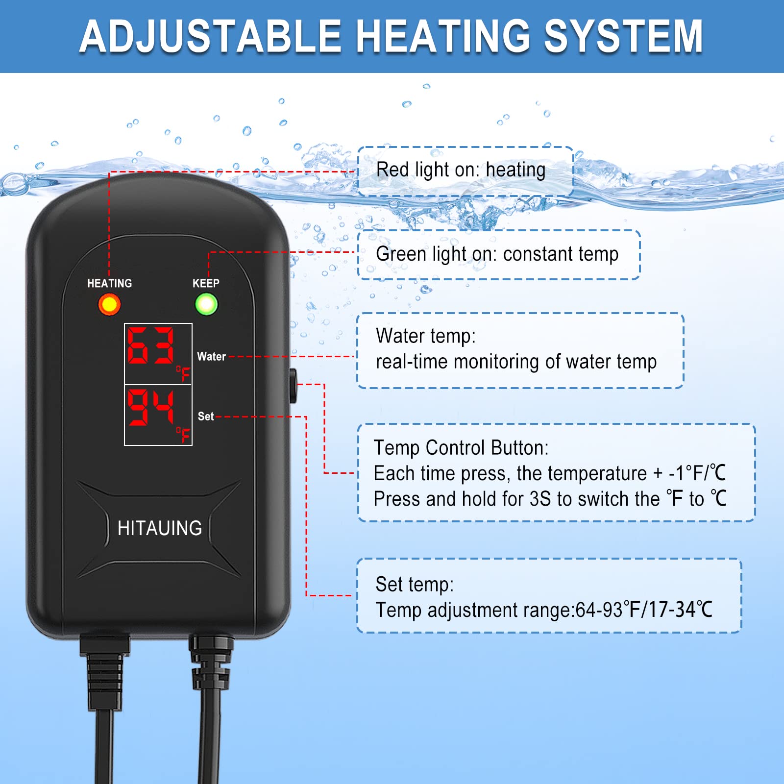 HiTauing 200W Aquarium Heater with LED Display & 5 Safety Protections, Submersible, Black, for 20-40 Gallon Fish Tanks