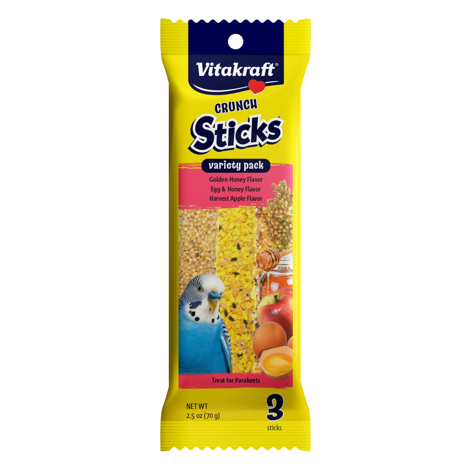 Vitakraft Crunch Sticks Parakeet Treat - Honey, Egg, and Apple- Pet Bird Treat Toy - Variety Pack, 2.5 oz