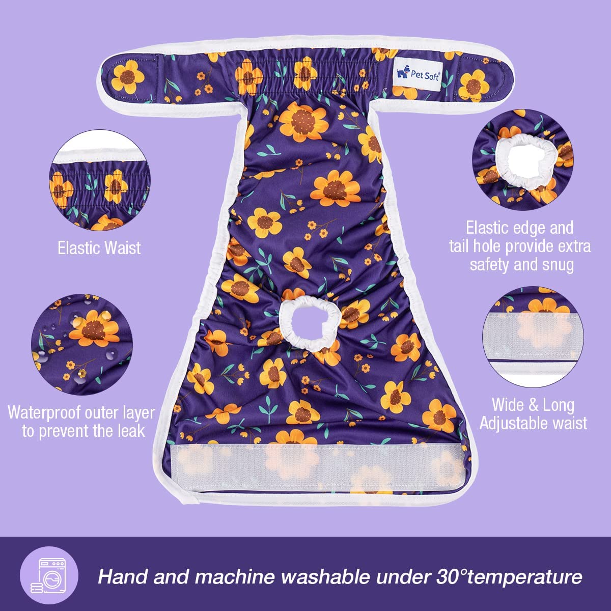 Pet Soft Female Dog Diapers - Washable, Reusable, Large (19''-25''), Cute Flower, Model FDiapers, 3 Pack