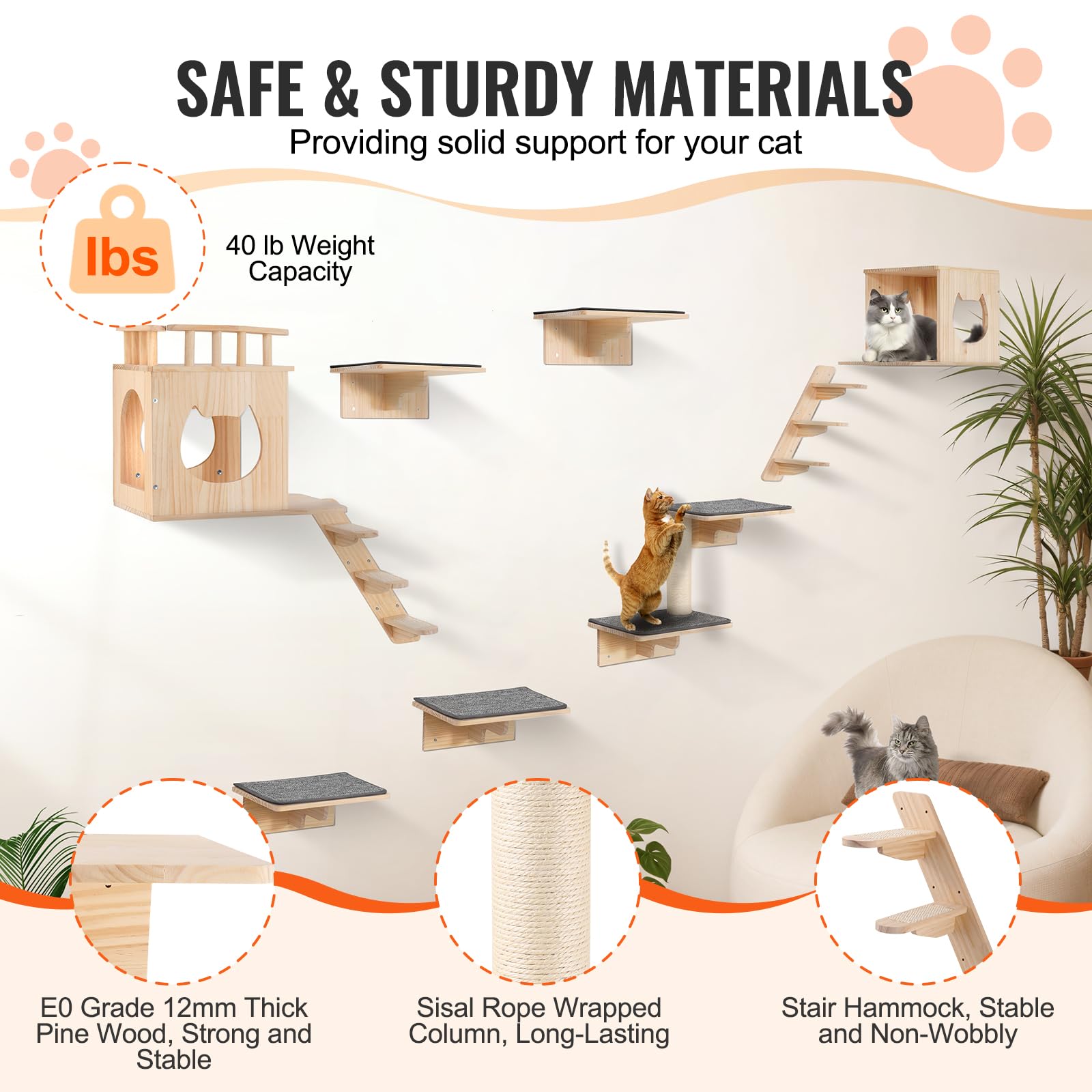 VEVOR Wall Mounted Cat Shelves, Cat Wall Shelves and Perches with Jumping Boards, Cat Beds, Hammocks & Cat Tree, Cat Furniture a