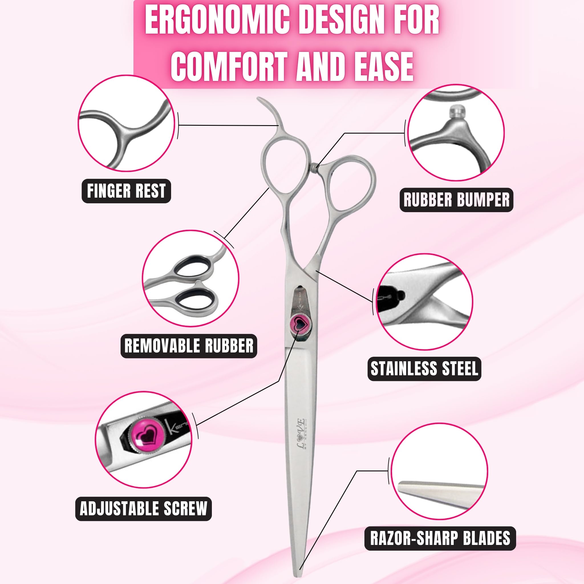 Kenchii Love Dog Grooming Scissors, 8 Inch Straight Shears, Dog Scissors For Grooming, Professional Pet Grooming Scissors, Heavy