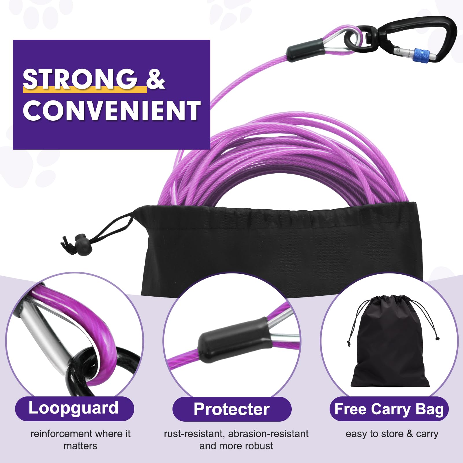 Snagle Paw Heavy Duty Long Dog Leads For Yard 200Ft-1000Lbs Break Strength,Dog Tie Out Cable With Swivel Lockable Hook & Spring,