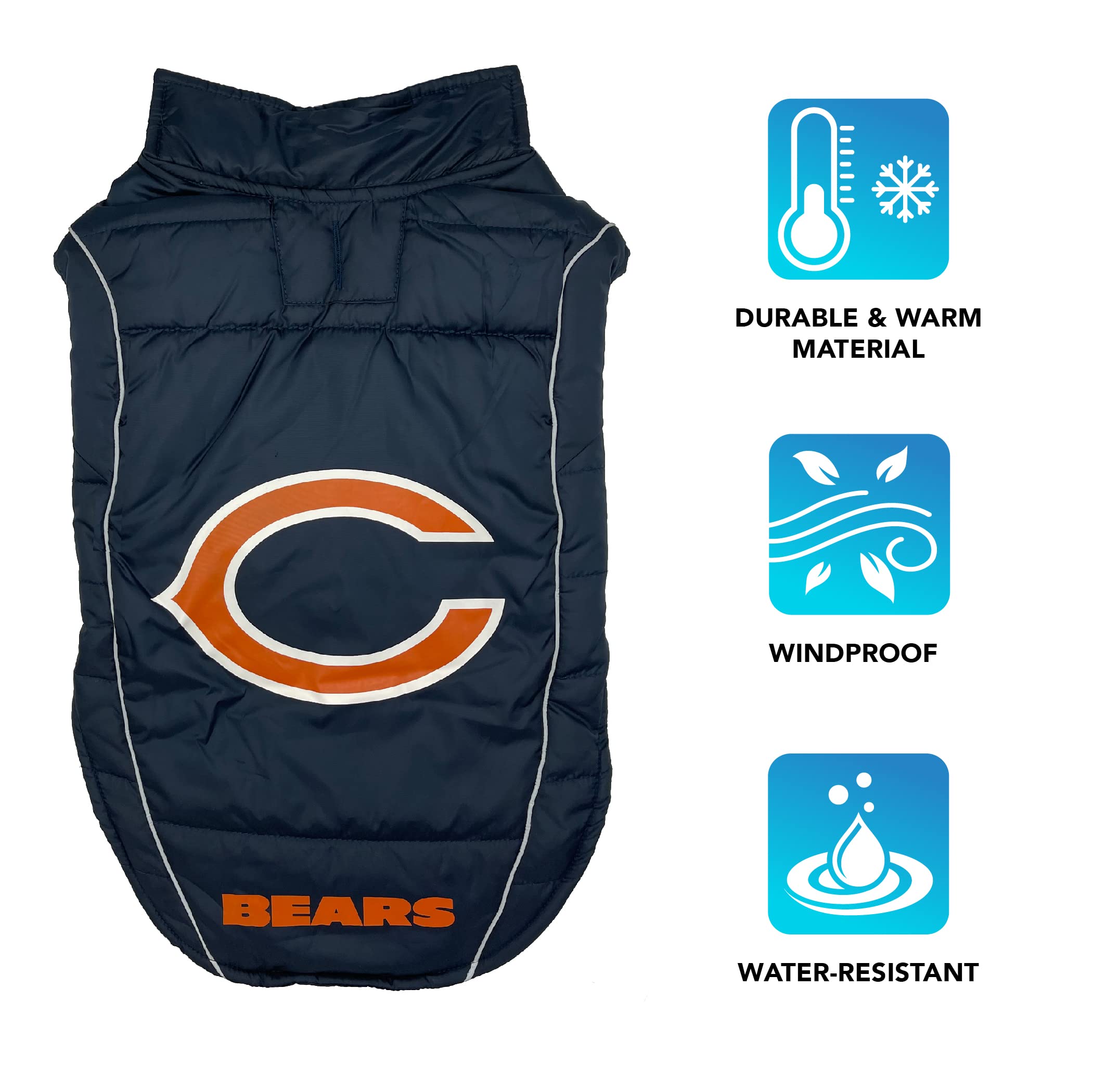 Pets First NFL Chicago Bears Puffer Vest for Dogs & Cats, Small, Waterproof, Cozy Dog Coat, Model CHI-4081-SM