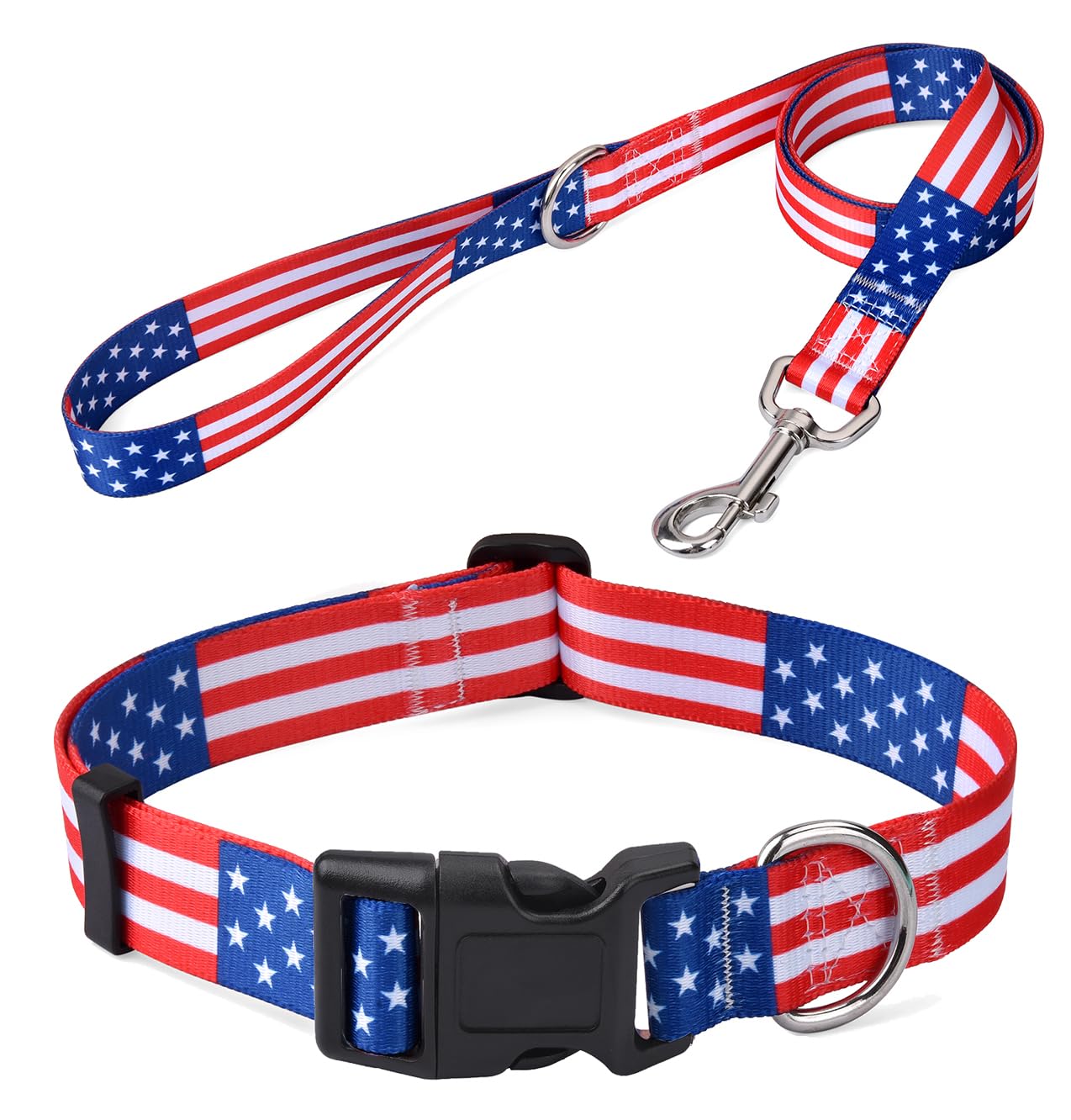 Mihqy American Flag Dog Collar And Leash Set- Patriotic, Us Flag Pattern, Star & Stripes, Fourth Of July Dog Collar, Adjustable For Small Medium Large Dogs(Classic Us Set,M)