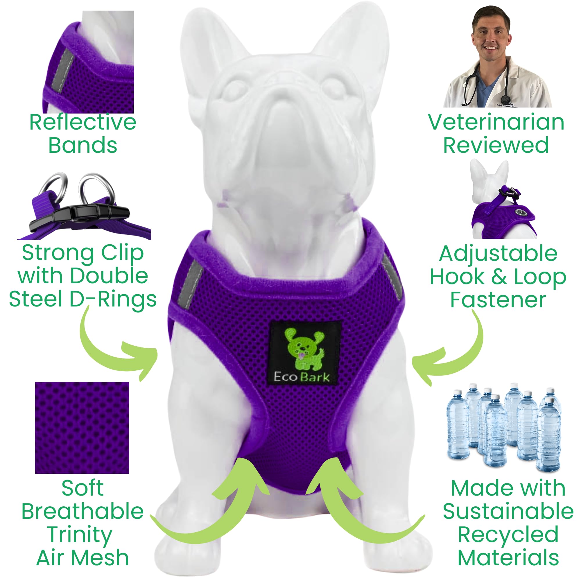 Ecobark Rapid Fastener Super Comfort Fully Adjustable Double Padded Step In Dog Harness (Large, Purple)