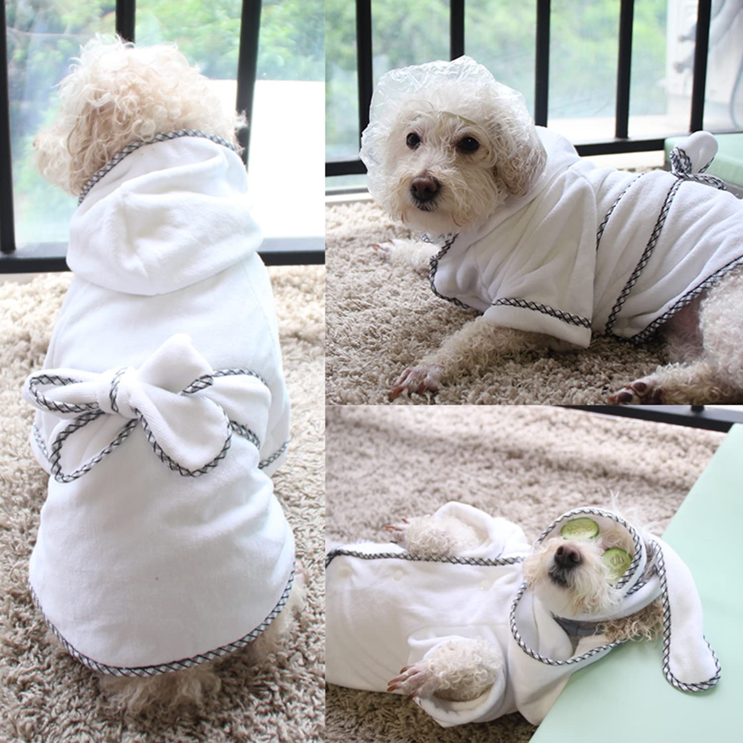 Dog Bathrobe, Microfiber Fast Drying Absorbent Hooded Bath Towel White For Puppy Small Medium Large Dog Cat (S, White)