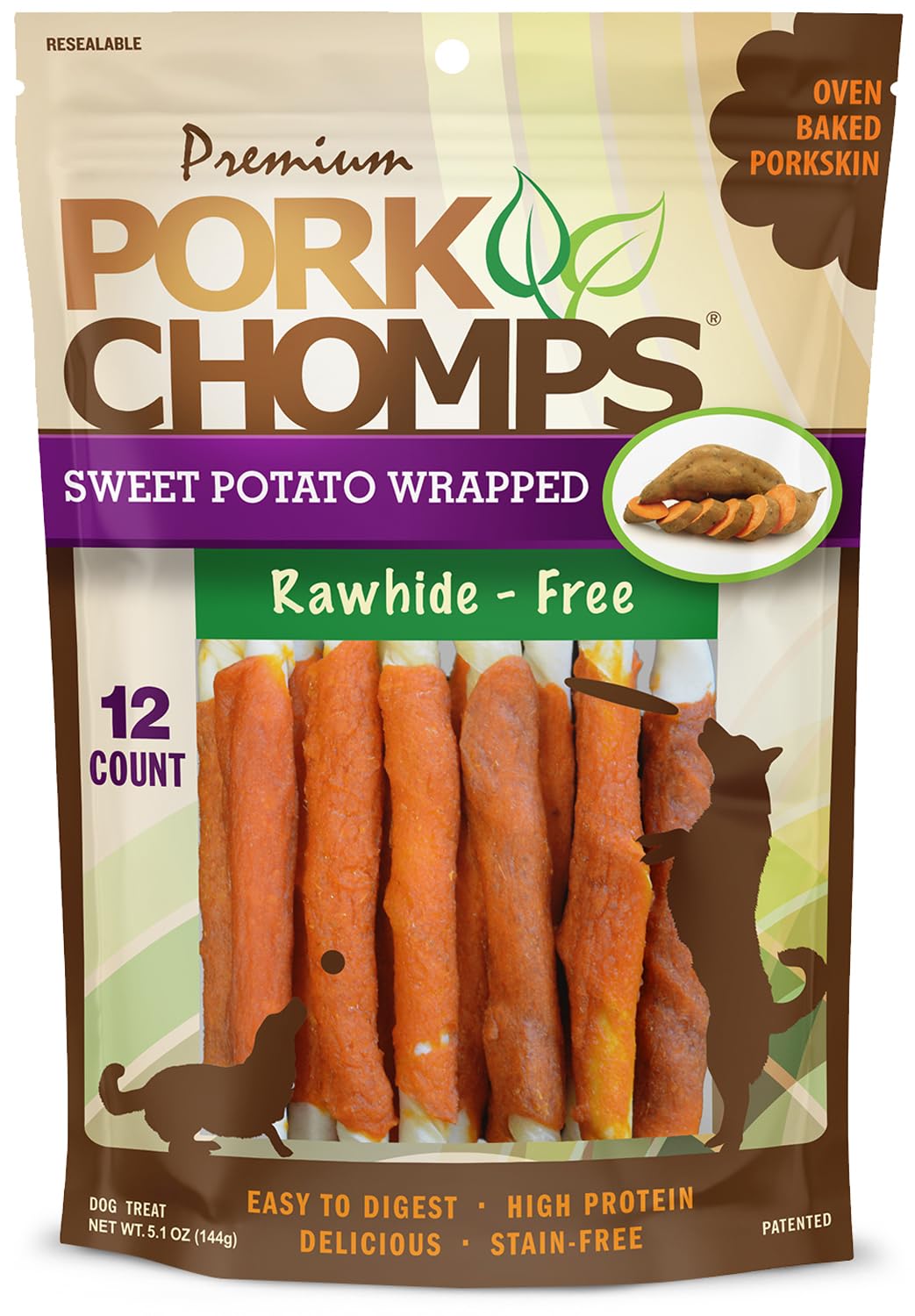 Pork Chomps Baked Pork Skin Dog Chews, 5-inch Mini Twists, Real Sweet Potato Wrap, 12 Count