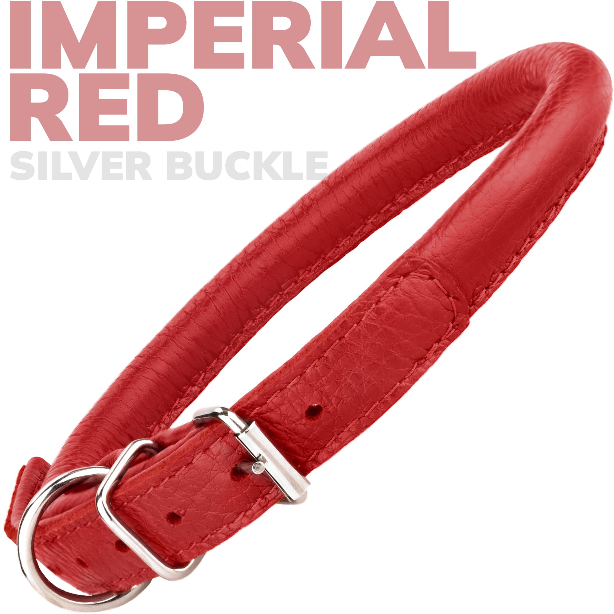 Rolled Leather Dog Collar Soft Round Collars, Id Tag For Small Medium Large Dogs (9'' - 11'' Neck Fit, Imperial Red)