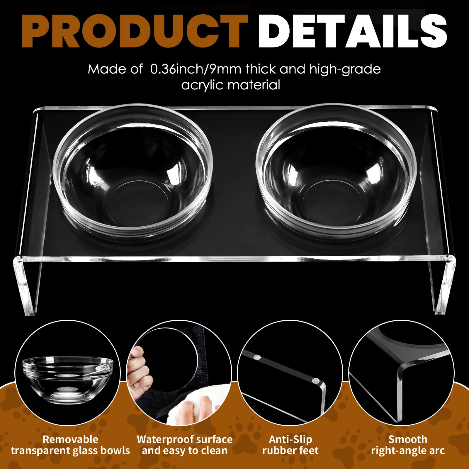 Feoyoho Acrylic Elevated Dog Cat Bowls - Double Bowl Feeder with 2 Glass & 2 Stainless Steel Bowls, Medium 5.5" Height, Clear