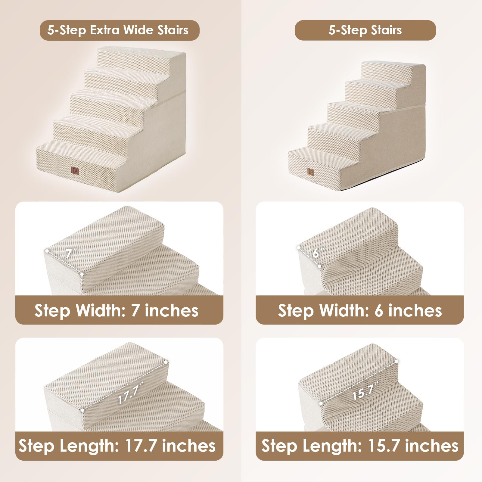 Eheyciga Dog Stairs For High Bed 25”H, 5-Step Extra Wide Dog Steps For Bed, Pet Steps For Small Dogs And Cats, Non-Slip Balanced Dog Indoor Ramp, Beige