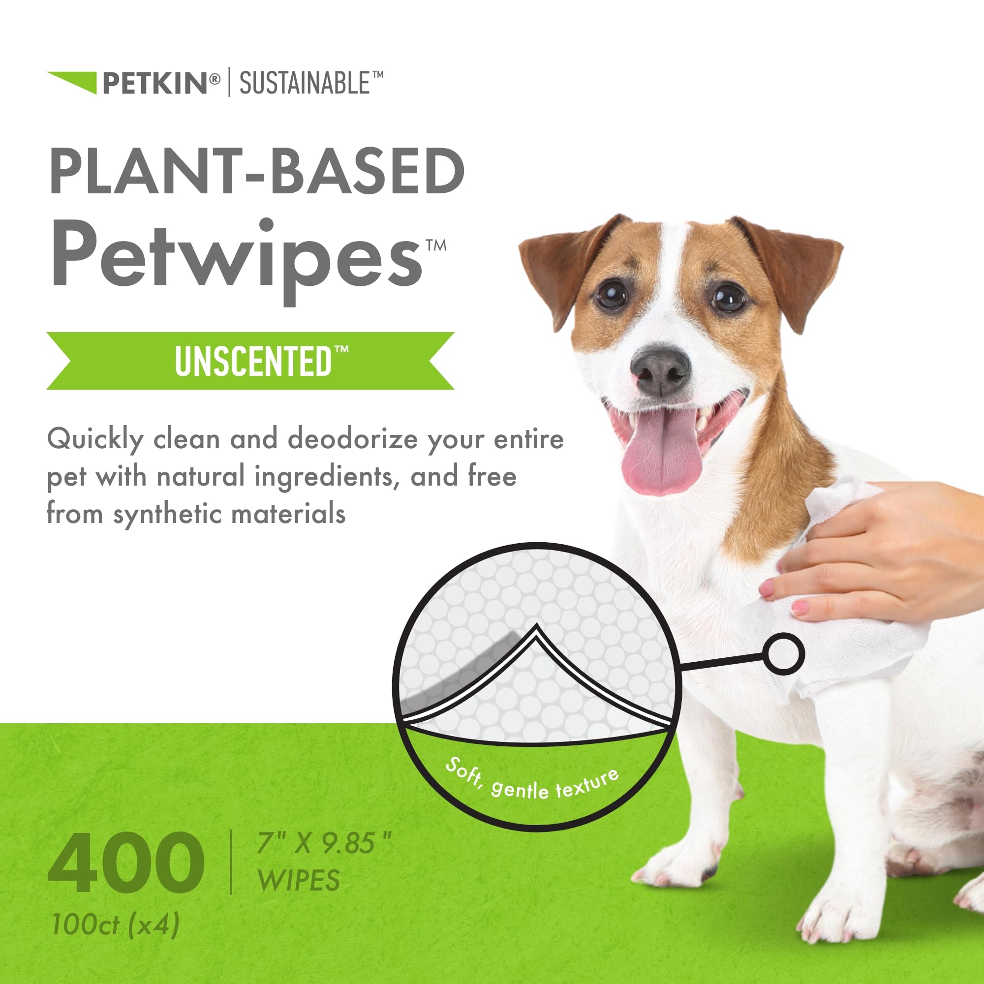 Petkin Plant-Based Pet Wipes, 100 Count (Pack of 4) - Biobased, Thick & Unscented for Dogs & Cats, Ideal for Face, Paws, Ears