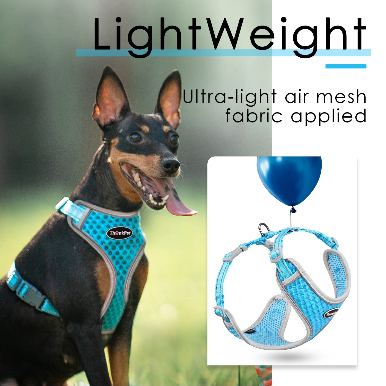 Thinkpet Reflective Breathable Soft Air Mesh No Pull Puppy Choke Free Over Head Vest Harness For Puppy Small Medium Dogs And Cats Light Blue Large
