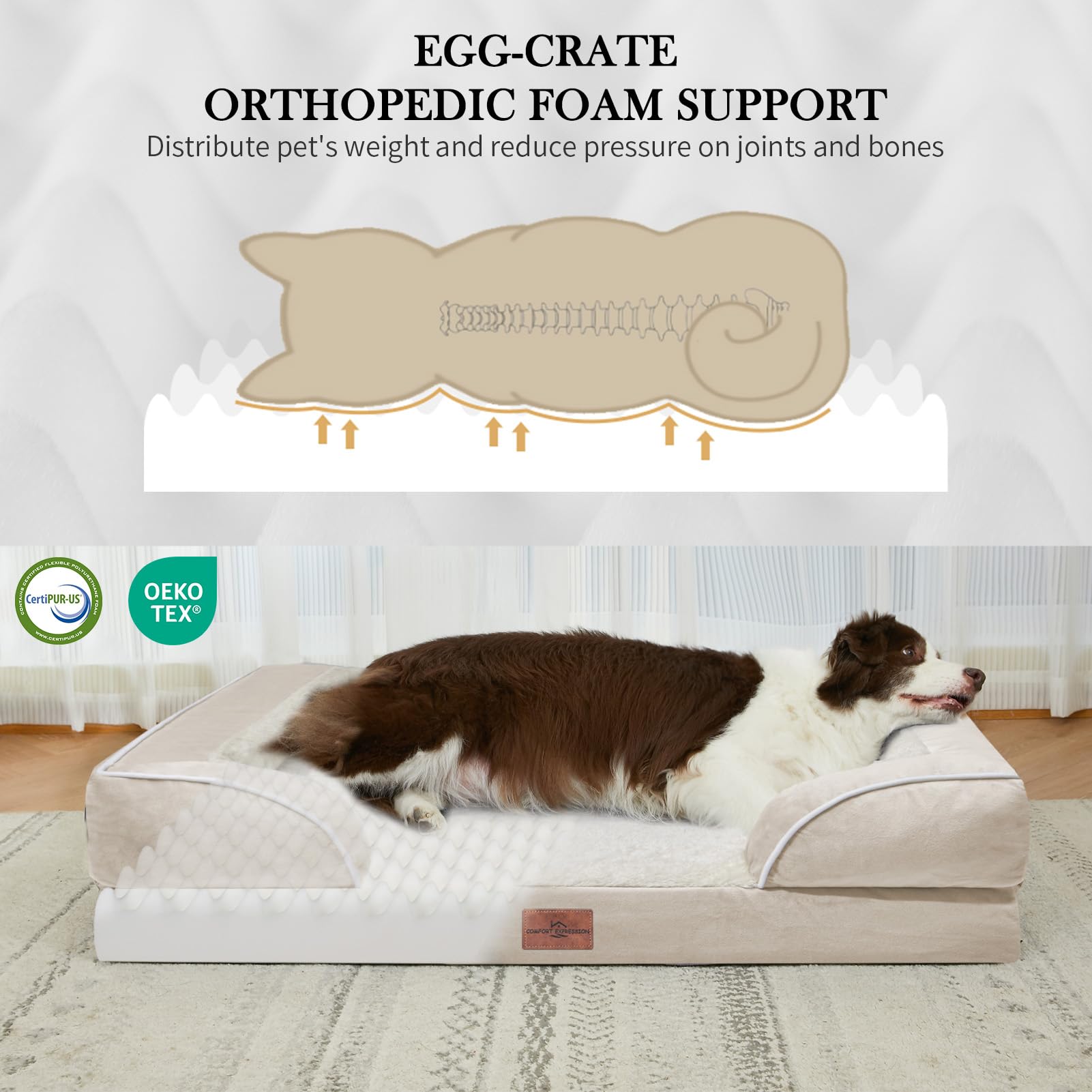Comfort Expression Waterproof Dog Beds For Large Breed Dogs, Large Dog Beds Orthopedic Foam, Comfy Pet Bed Sofa With Washable Removable Cover & Non-Slip Bottom(Large,Beige)
