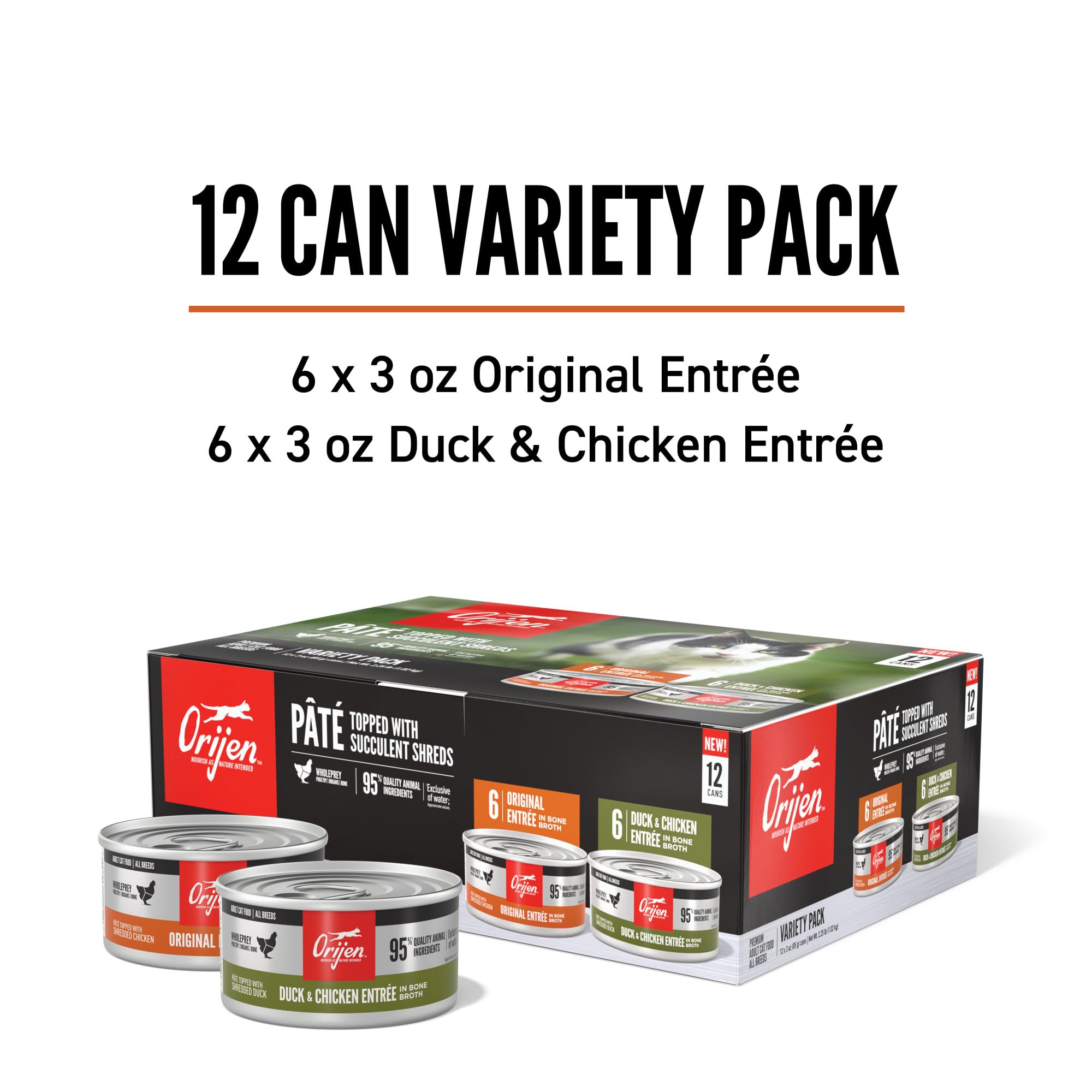 ORIJEN Premium Pate Variety 12 Pack: Original Recipe (6) + Duck & Chicken Recipe (6), 3oz