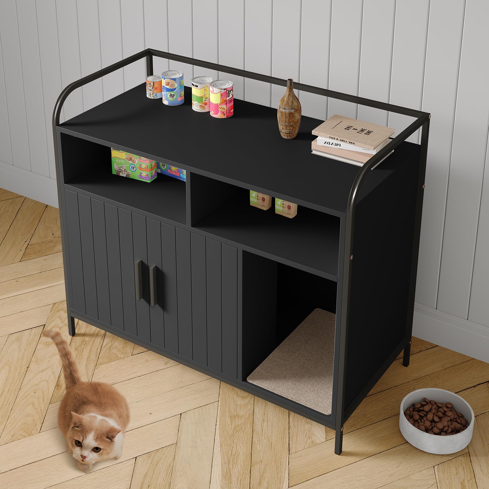 GarveeHome Cat Litter Box Enclosure with Metal Frame and Dual Storage Shelves, Modern Hidden Litter Box Furniture Indoor Cat Hou