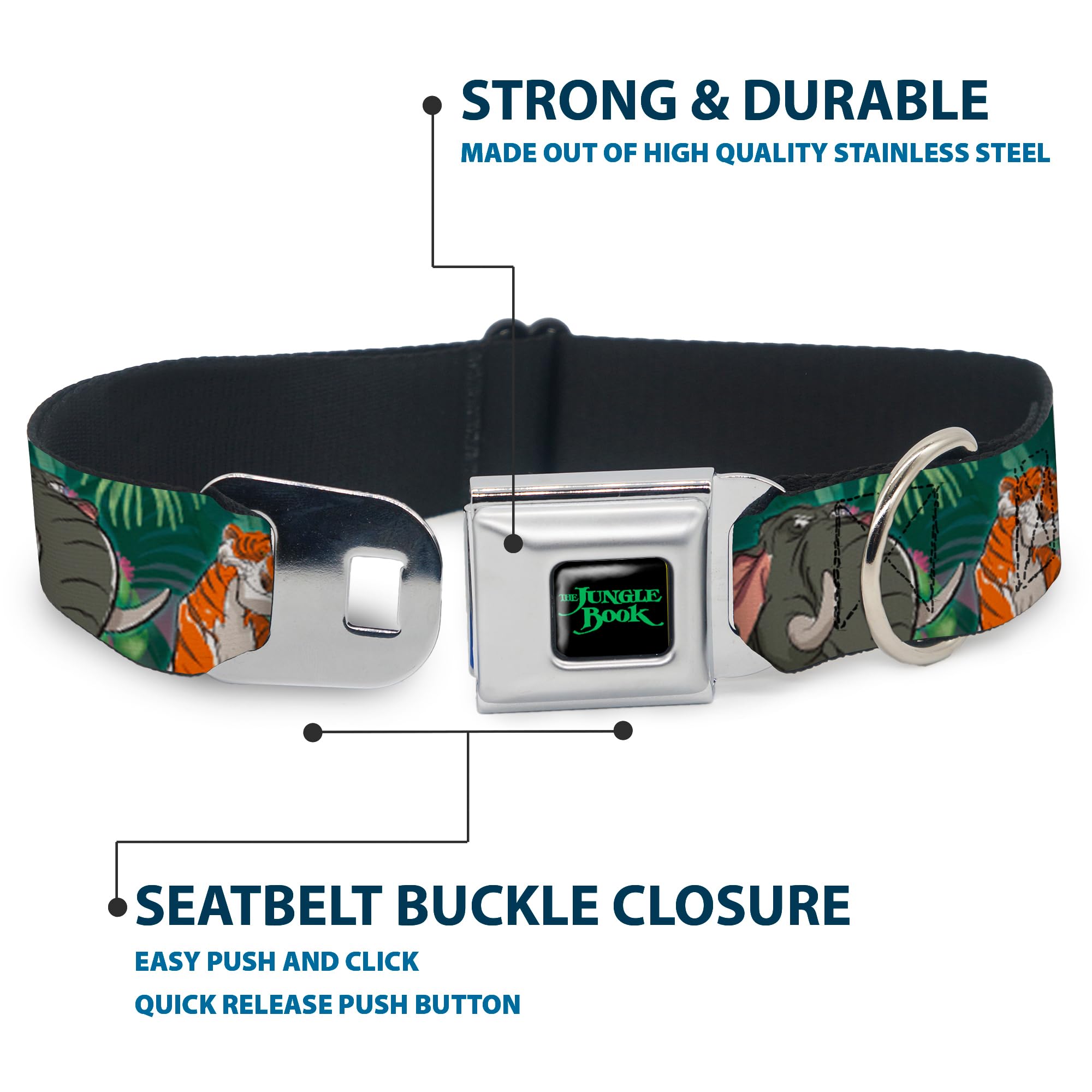Dog Collar Seatbelt Buckle The Jungle Book 8 Character Group Greens 13 To 18 Inches 1.5 Inch Wide