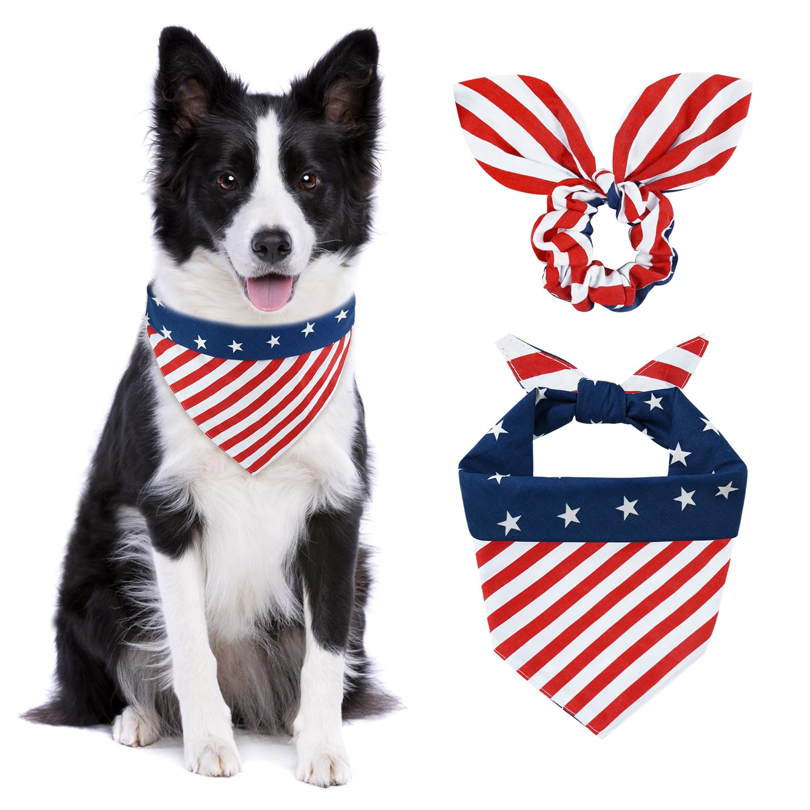 E-Clover 4Th Of July Dog Bandanas & Matching Scrunchie Set American Flag Dog Scarf Washable Patriotic Pet Bandana Triangle Kerch