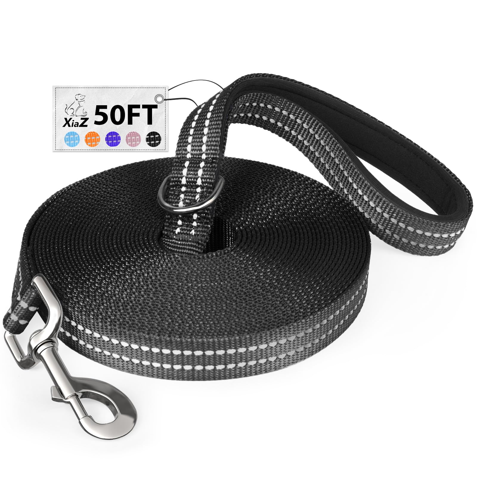 Xiaz 50 Feet Dog Training Leash, Nylon, Black, Reflective, Padded Handle, 550 Lbs Bearing, Lightweight Suitable For Small, Mediu