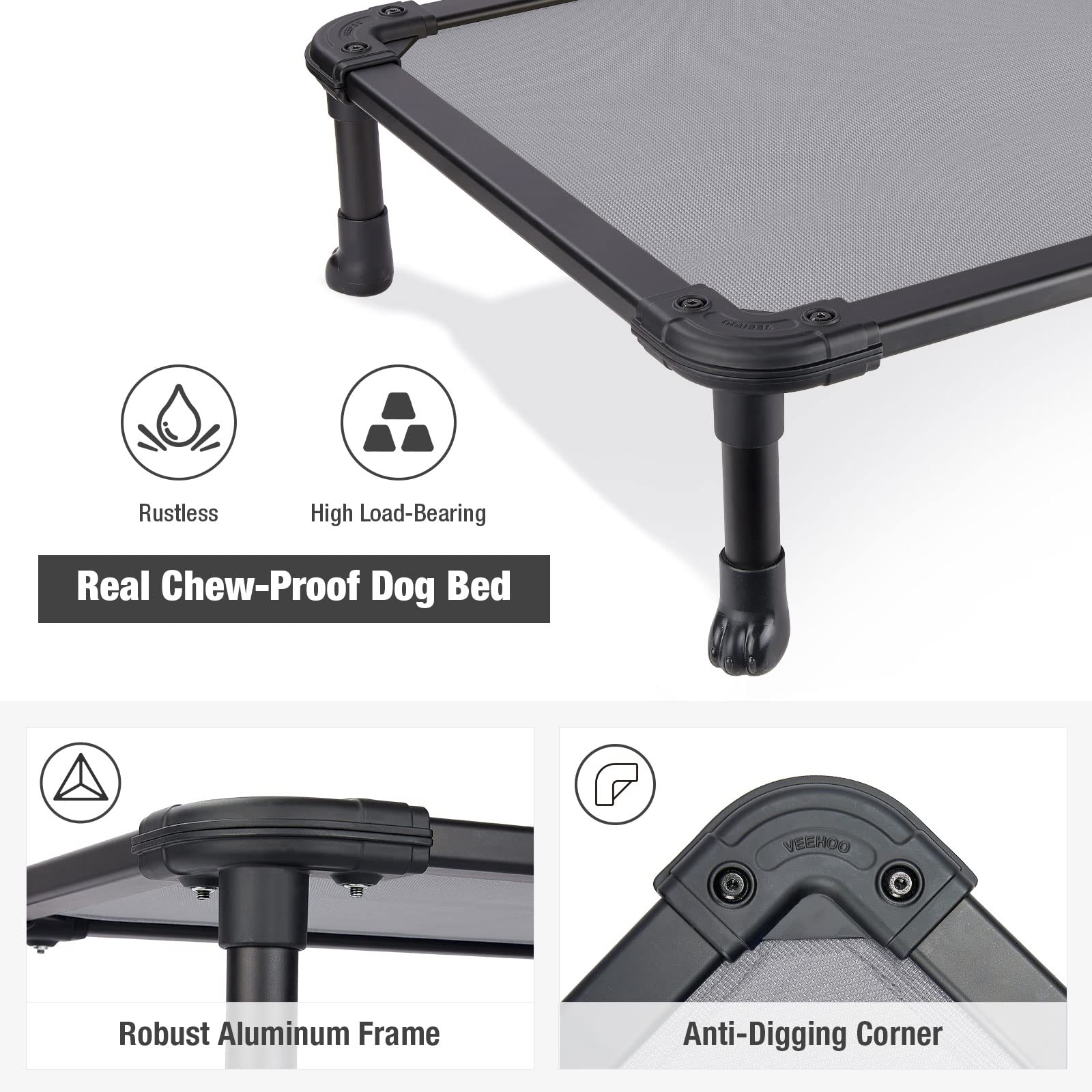 Veehoo Chew Proof Elevated Dog Bed - Cooling Raised Pet Cot - Rustless Aluminum Frame And Durable Textilene Mesh, Unique Designe