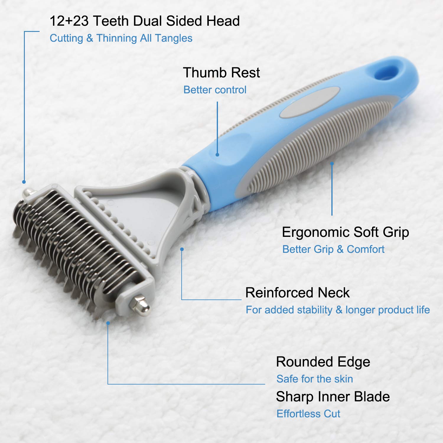 Honguang Pet Dematting Comb - 2 Sided Rake for Medium/Long Haired Cats & Dogs, Metal, Blue - Safe Grooming Tool for Mats & Tangles