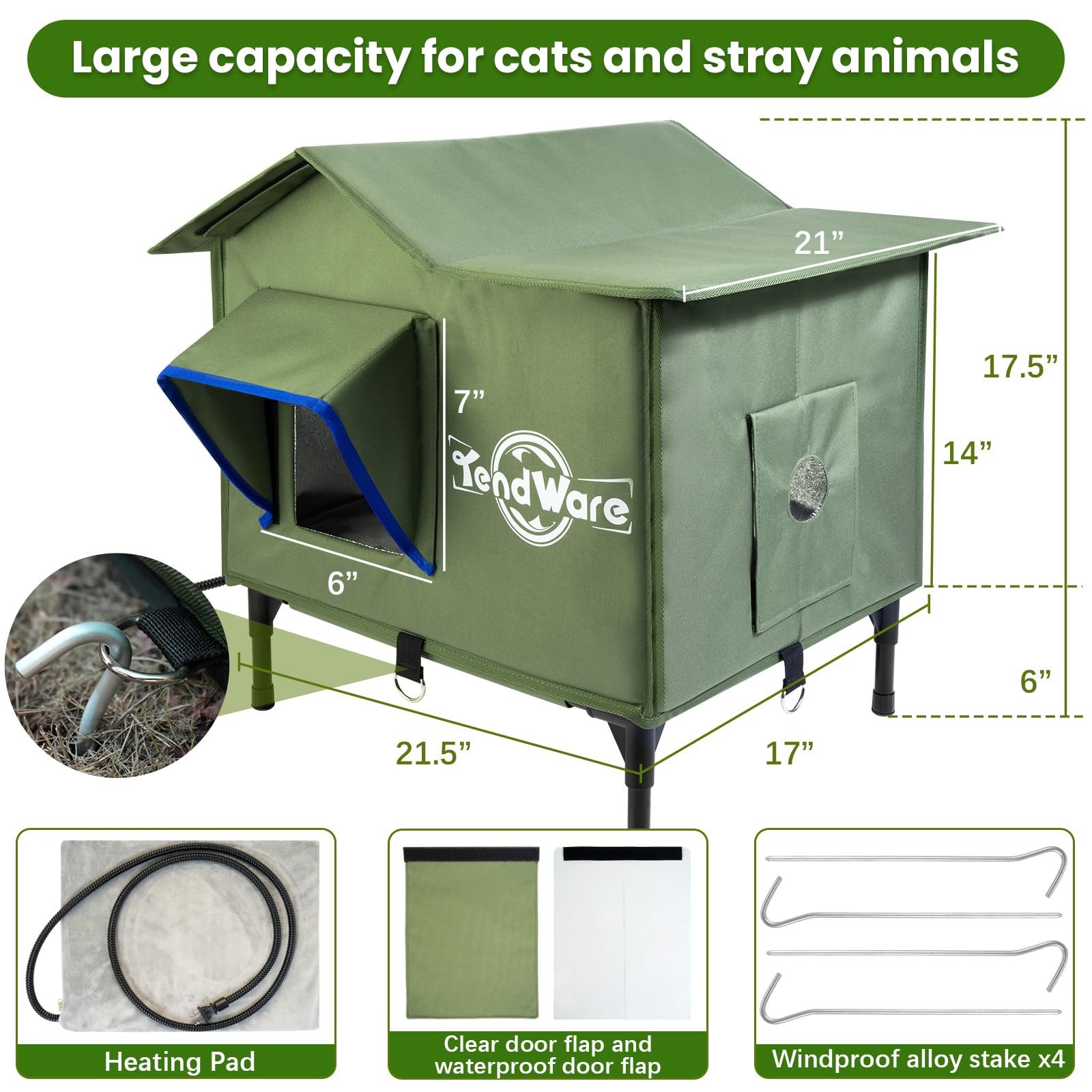 TENDWARE Outdoor Cat House Heated Cat House for Outside with Elevated Base Cat-Attracting Eave Design Feral Stray Shelter Weathe