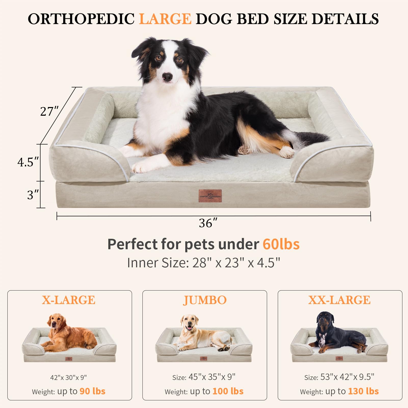 Comfort Expression Waterproof Dog Beds For Large Breed Dogs, Large Dog Beds Orthopedic Foam, Comfy Pet Bed Sofa With Washable Removable Cover & Non-Slip Bottom(Large,Beige)