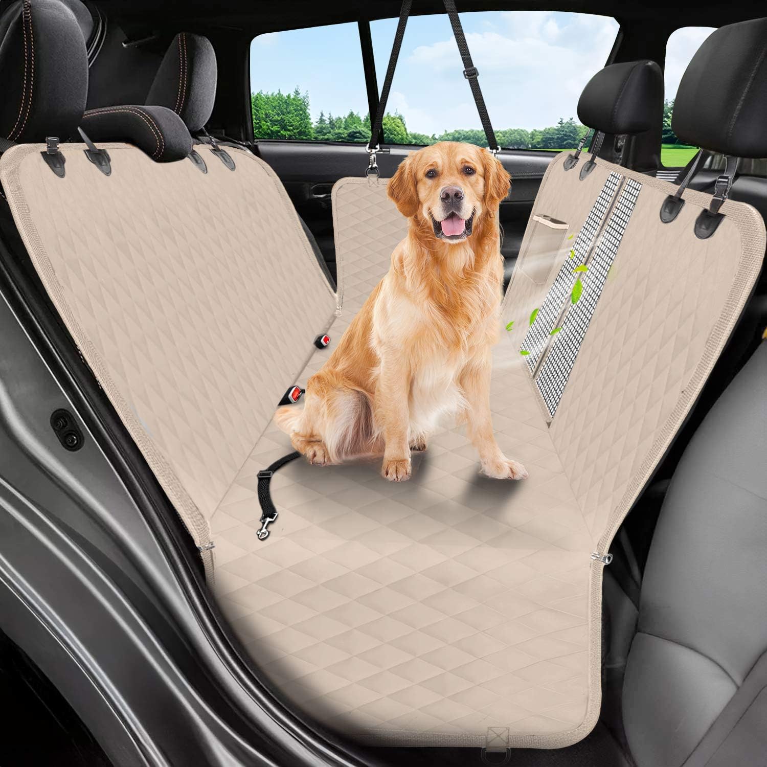 Dog Car Seat Cover, 600D Heavy Durable Dog Seat Cover For Back Seat, 100% Waterproof Scratch Proof Nonslip Dog Hammock For Car With Side Flap, Pet Back Seat Covers For Cars With Seatbelt Khaki