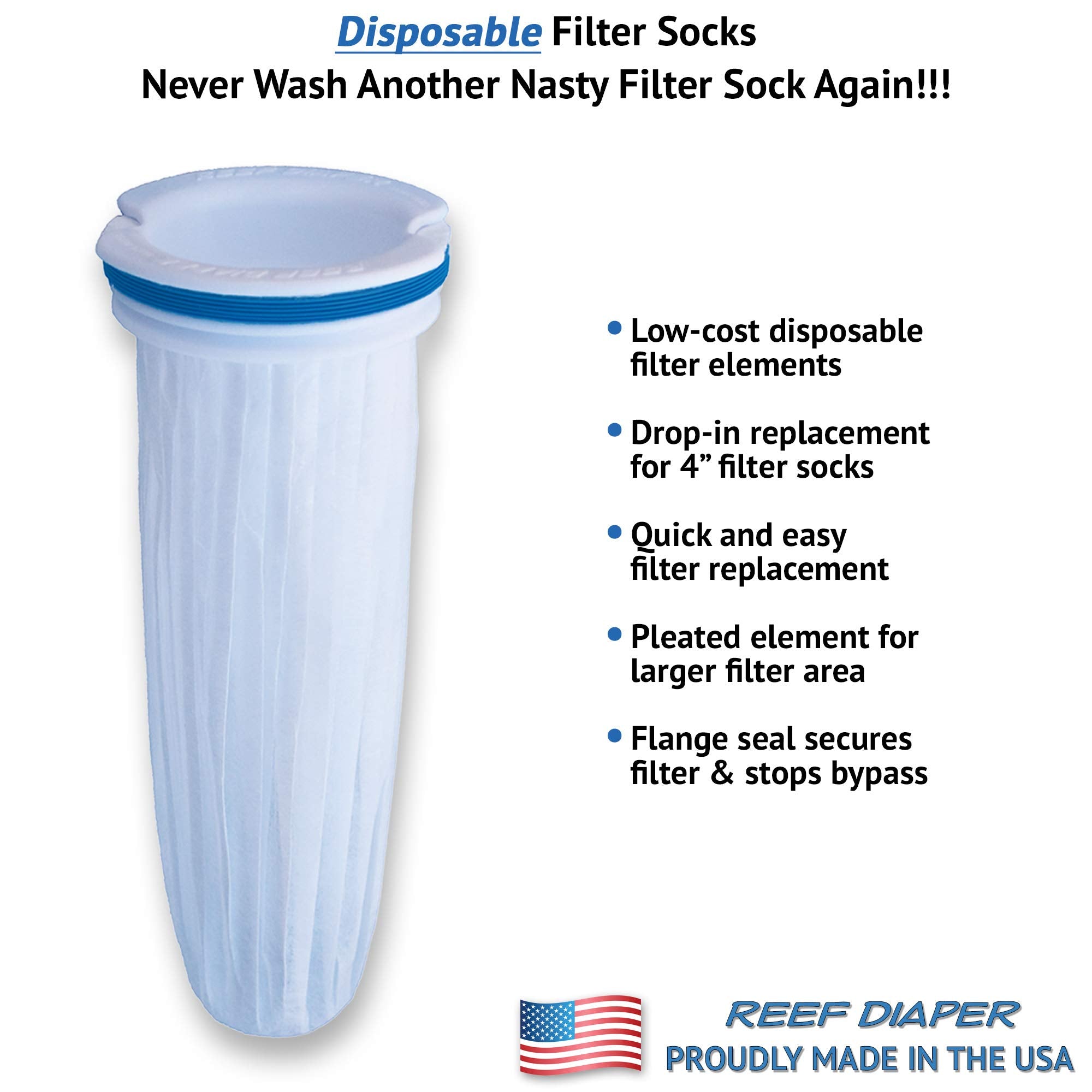 Reef Diaper Disposable Filter Socks, Replaces Standard 4' Felt Socks, Freshwater And Saltwater Compatible, Starter Kit Includes 2Ea Flange Assemblies & 10Ea Filter Elements