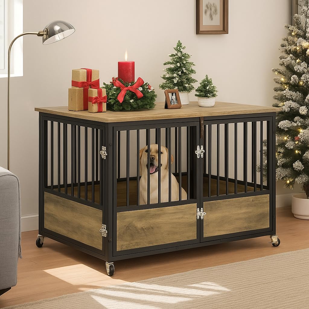 DWVO Dog Crate Furniture with Wheels, 43 Inch Dog Kennel Indoor Furniture End Table Dog Crate for Dogs, Farmhouse Decorative Woo