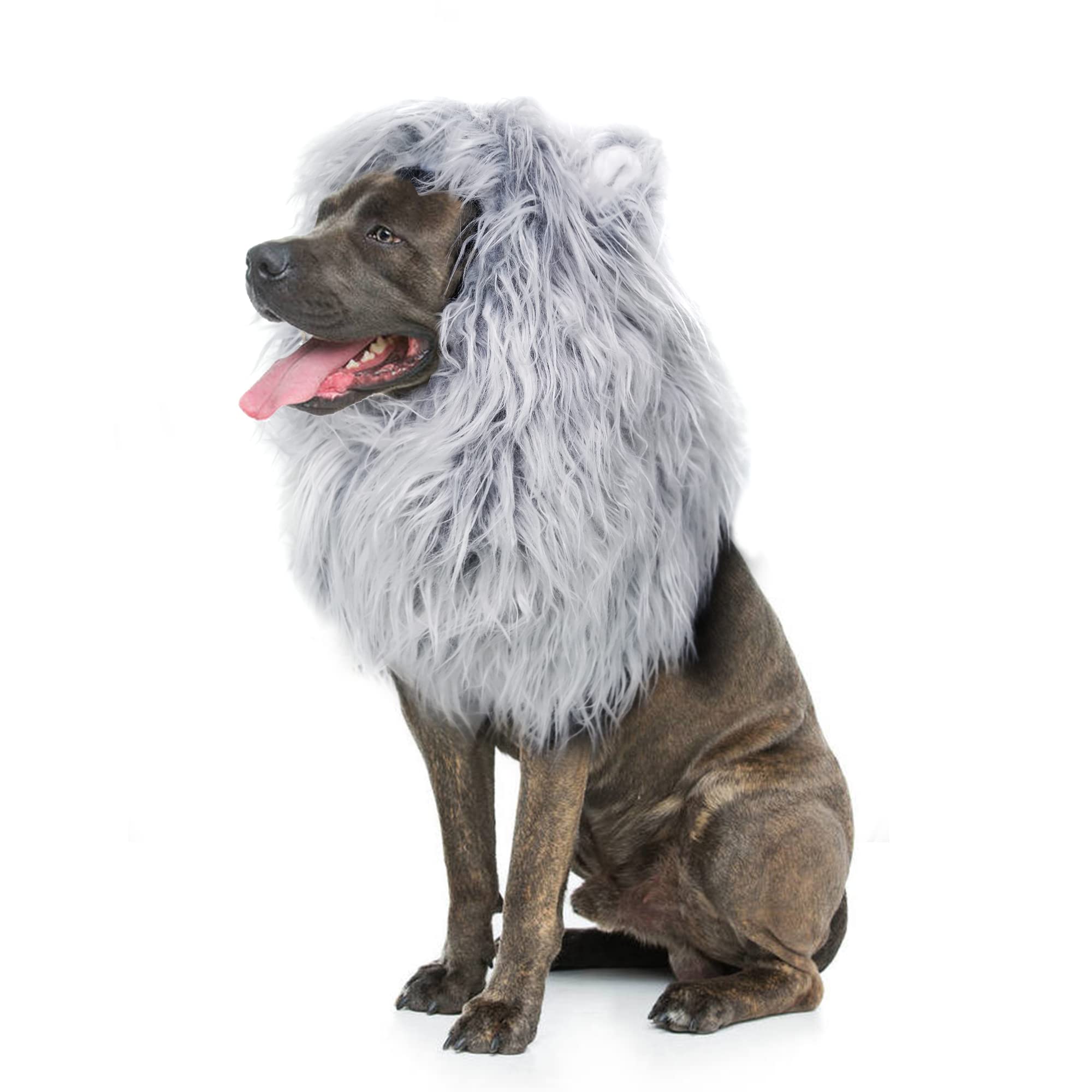 Onmygogo Lion Mane Wig For Dogs With Ears, Funny Pet Costumes For Halloween Christmas (Size L, Grey With White)