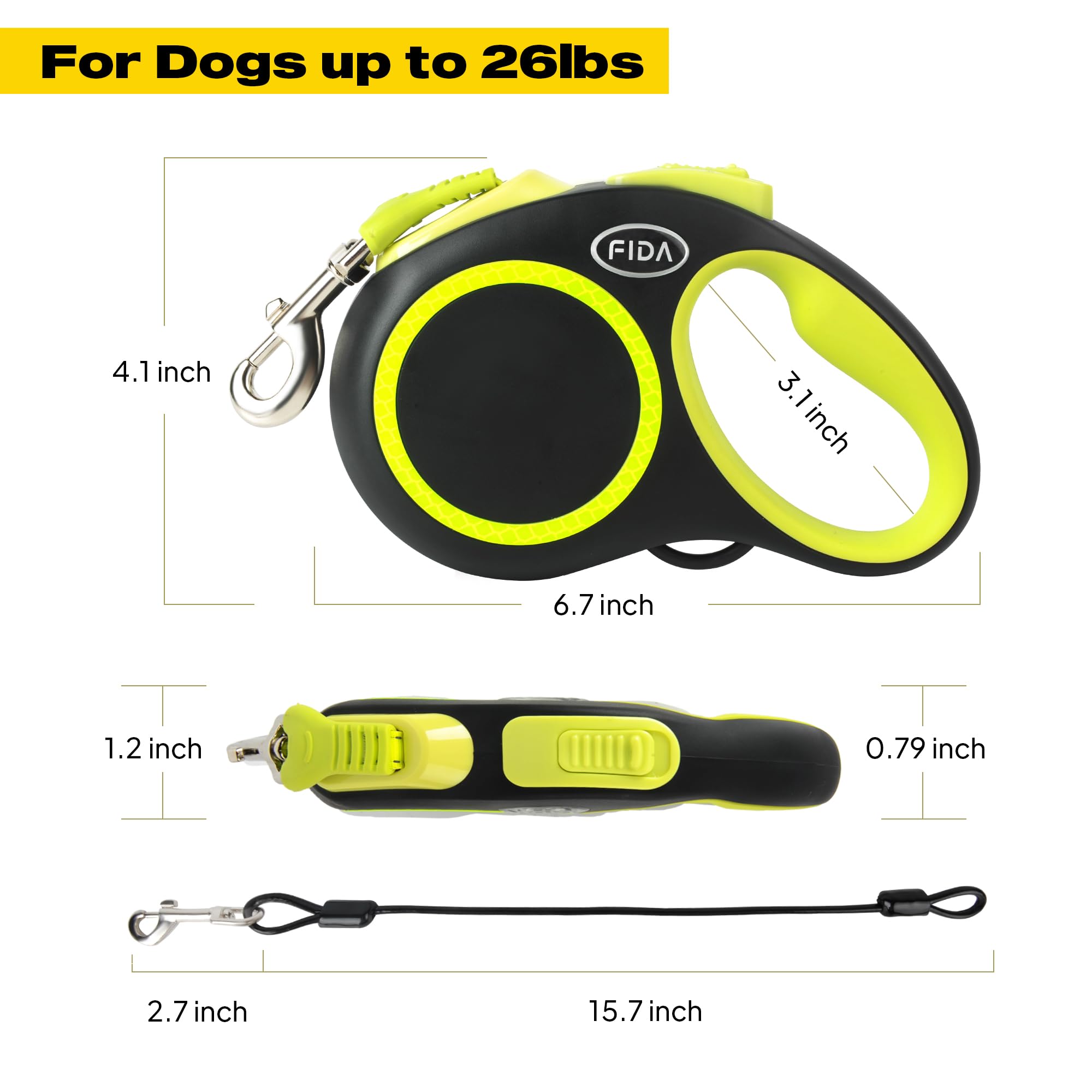 Fida Retractable Dog Leash, Reflective 16Ft Heavy Duty Pet Walking Leash For Small/Medium Dog Up To 26 Lbs, Tangle Free. One-Hand Brake (Small, Neon Yellow)