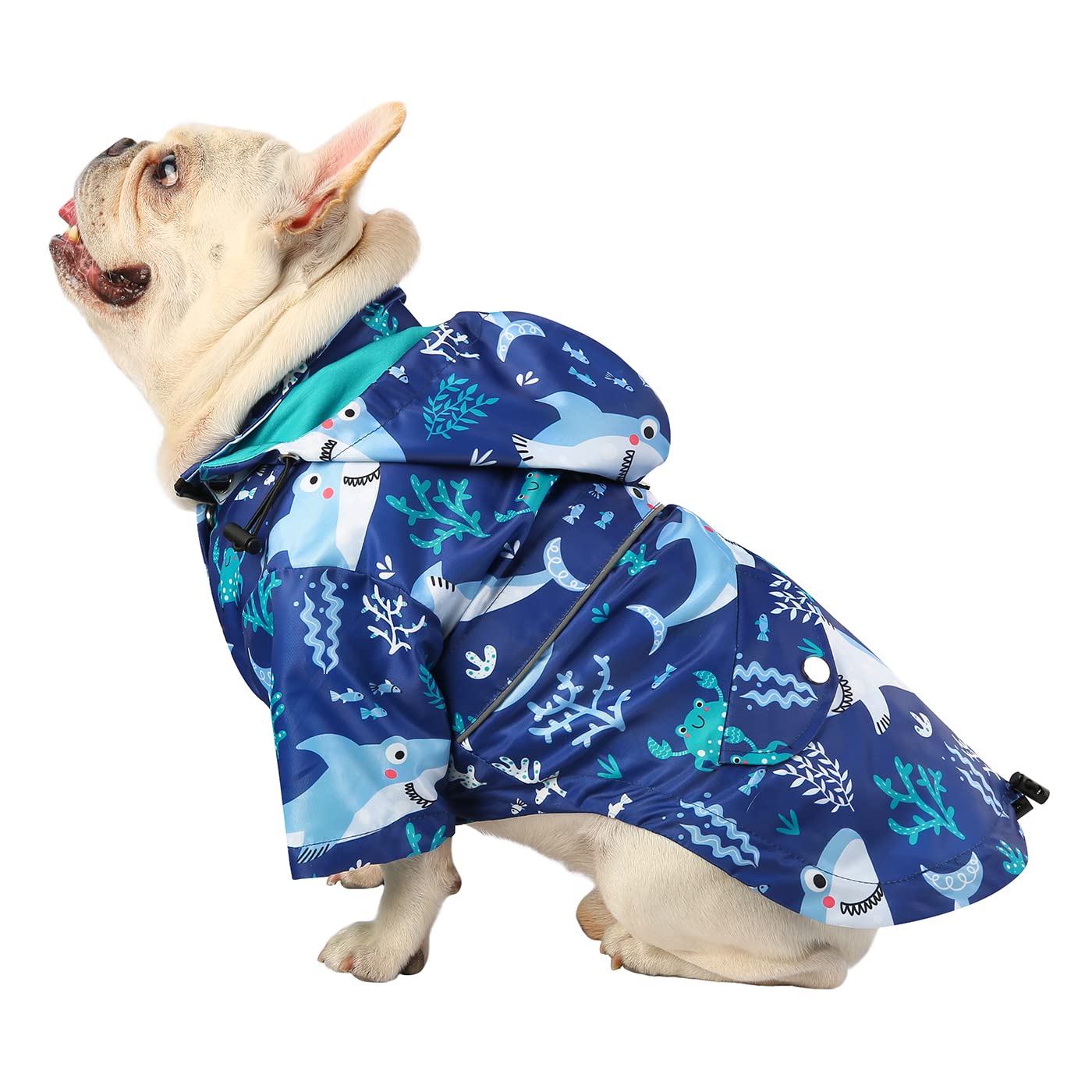 Hde Dog Raincoat Double Layer Zip Rain Jacket With Hood For Small To Large Dogs Sharks - S