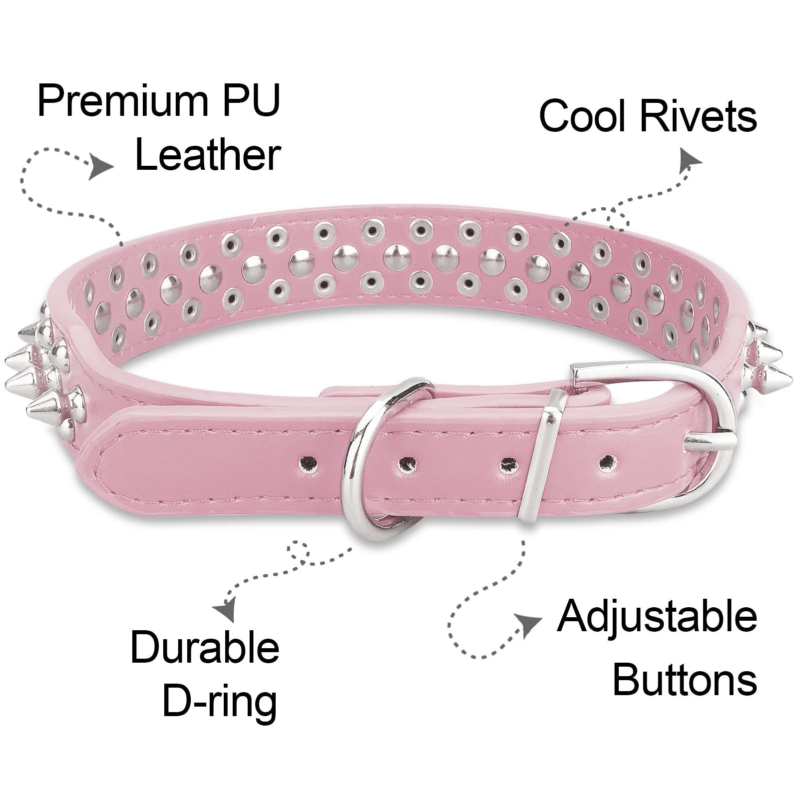 Epesiri Spiked Studded Leather Dog Collar & Leash, Pink, XXL (18.9-20.9), Durable PU Leather for Pit Bull & Large Pets