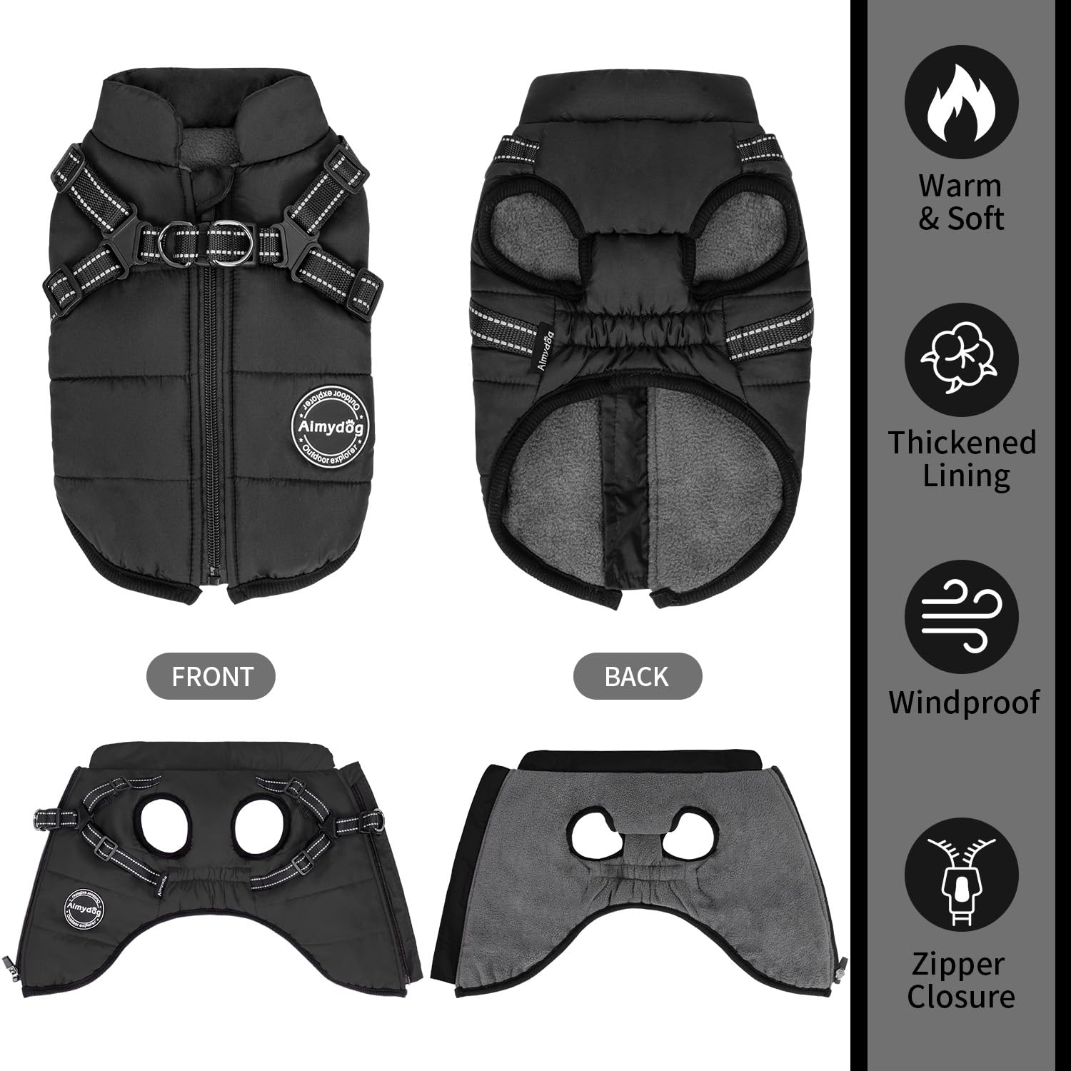 AIMYDOG Warm Dog Winter Coat, Waterproof Windproof Dog Cold Weather Jacket, Reflective & Adjustable Black Pet Vest with Harness,