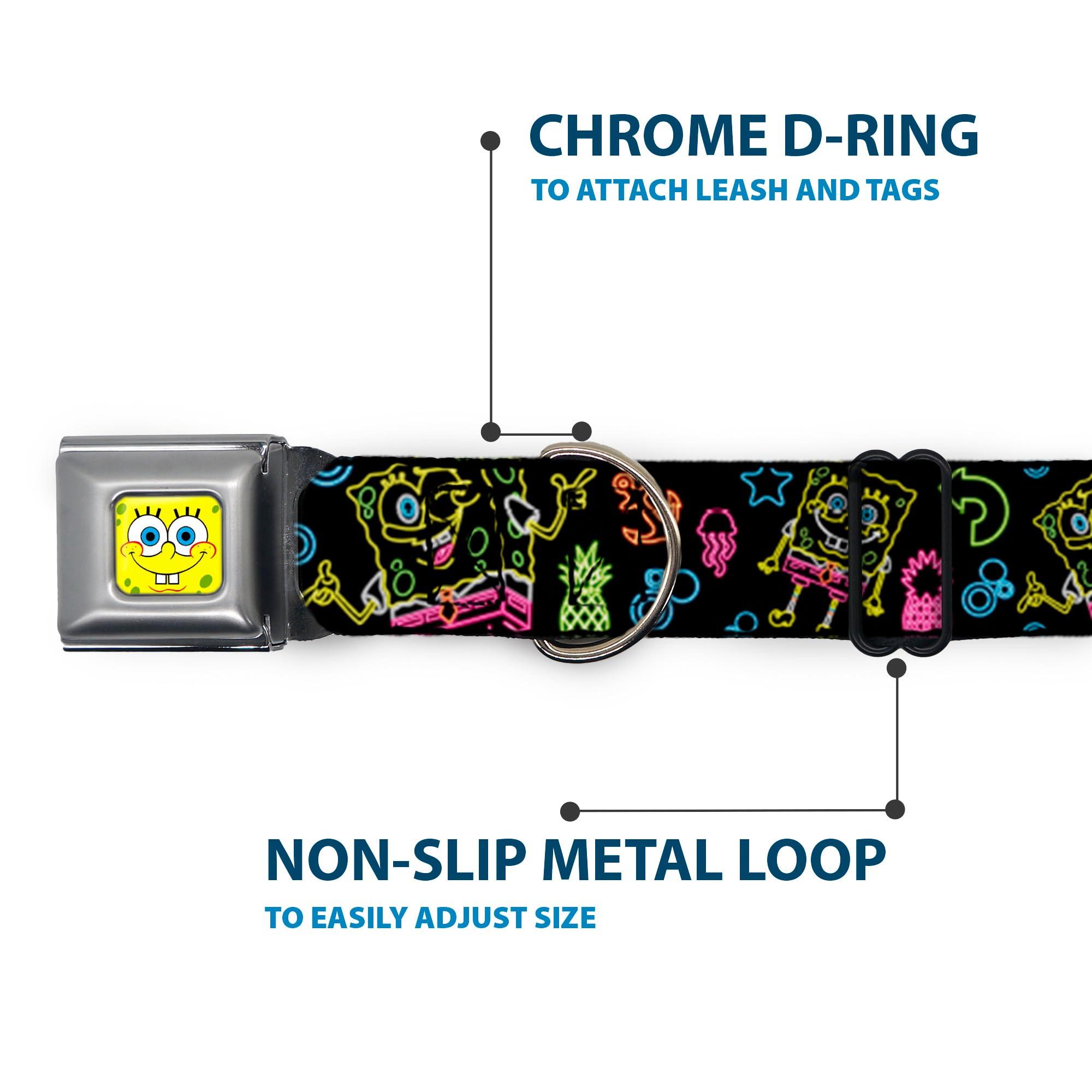 Buckle-Down Dog Collar Seatbelt Buckle Electric Spongebob Poses Elements Black Multi Color, 1' Wide - Fits 9-15' Neck - Small