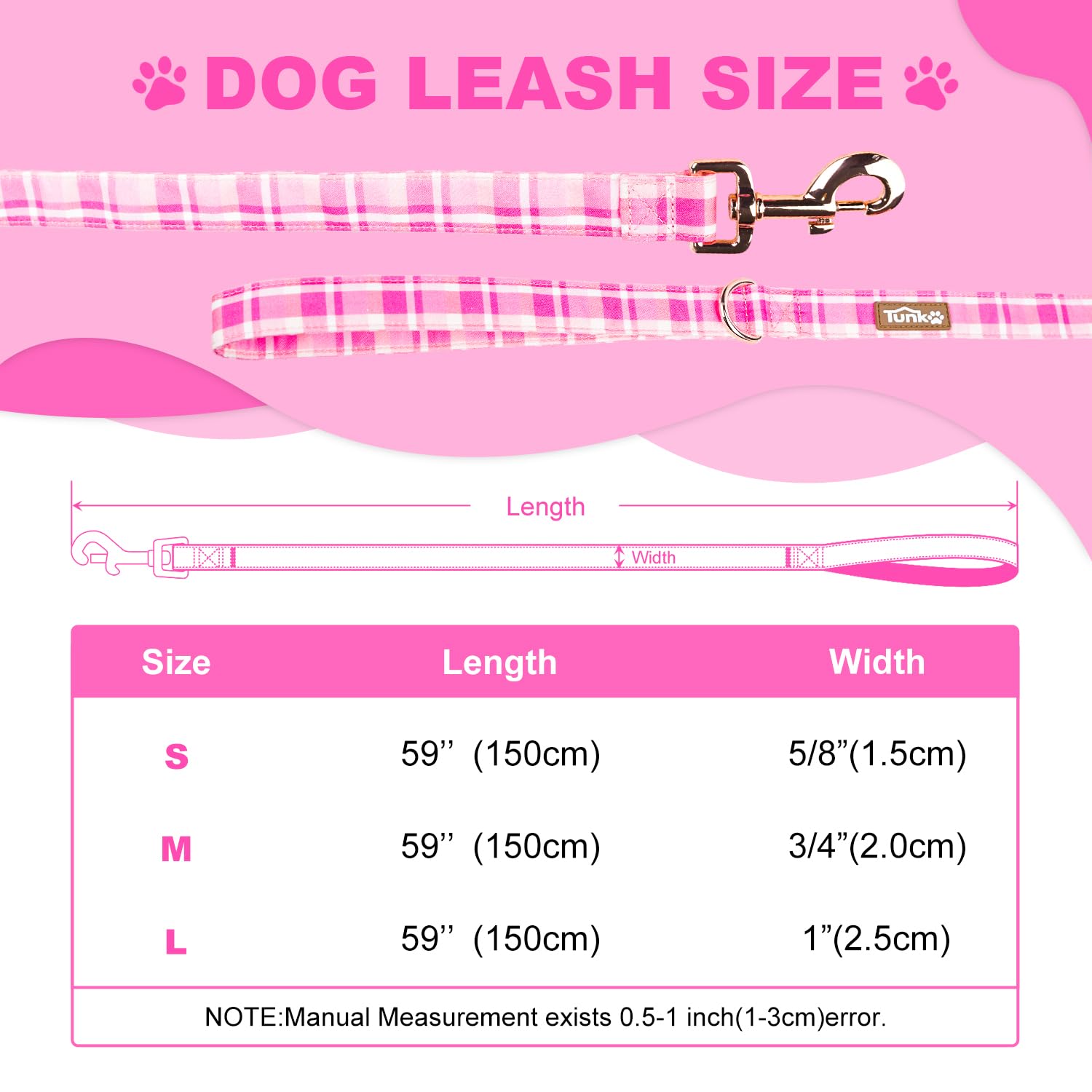 Tunkoo Pink Plaid Dog Leash With Metal Buckle - Unmatched Quality In Small Medium Large Sizes For Pet Daily Walking, S